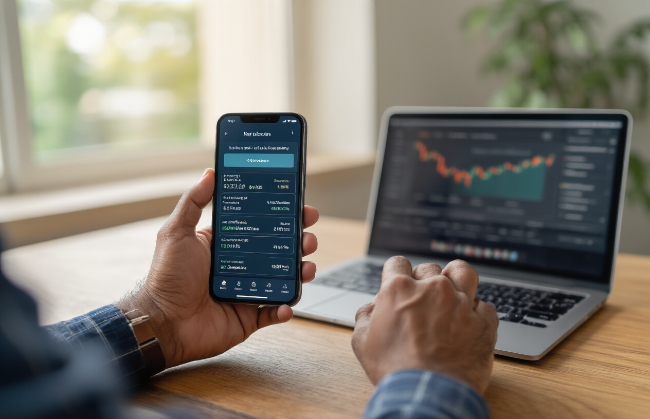Create a realistic image of a South Asian male's hands holding a modern smartphone displaying a financial app interface with IPO status screens, sitting at a clean wooden desk with a laptop computer slightly blurred in the background, soft natural lighting from a window creating a professional home office atmosphere, the scene conveying focus and anticipation while checking investment status, absolutely NO text should be in the scene.