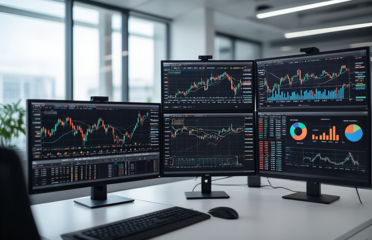 Create a realistic image of a modern financial trading floor with multiple computer monitors displaying colorful stock charts, graphs, and market data analytics, featuring sleek black monitors on white desks, with mathematical performance indicators like upward trending arrow charts, pie charts, and bar graphs visible on screens, set in a contemporary office environment with soft natural lighting from large windows, clean minimalist design with glass surfaces and metal accents, showing a professional atmosphere focused on market analysis and investment data visualization, absolutely NO text should be in the scene.