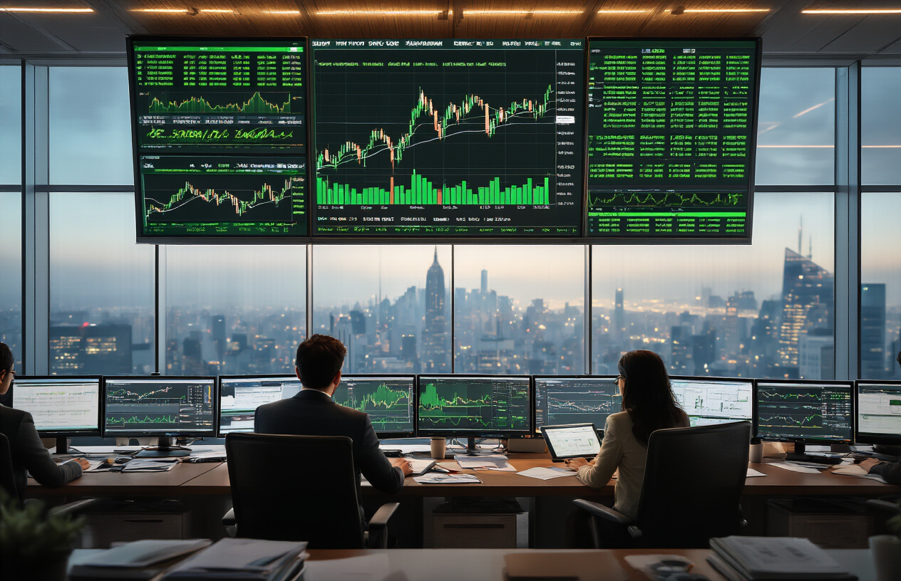Create a realistic image of a modern financial trading floor with multiple computer screens displaying green upward trending stock charts and IPO subscription data, featuring diverse professionals including white male and Indian female traders in business attire analyzing market performance, with warm professional lighting illuminating sleek desks covered with financial documents and tablets, creating an atmosphere of success and high market activity, with a sophisticated urban office background showing glass windows overlooking a city skyline, absolutely NO text should be in the scene.