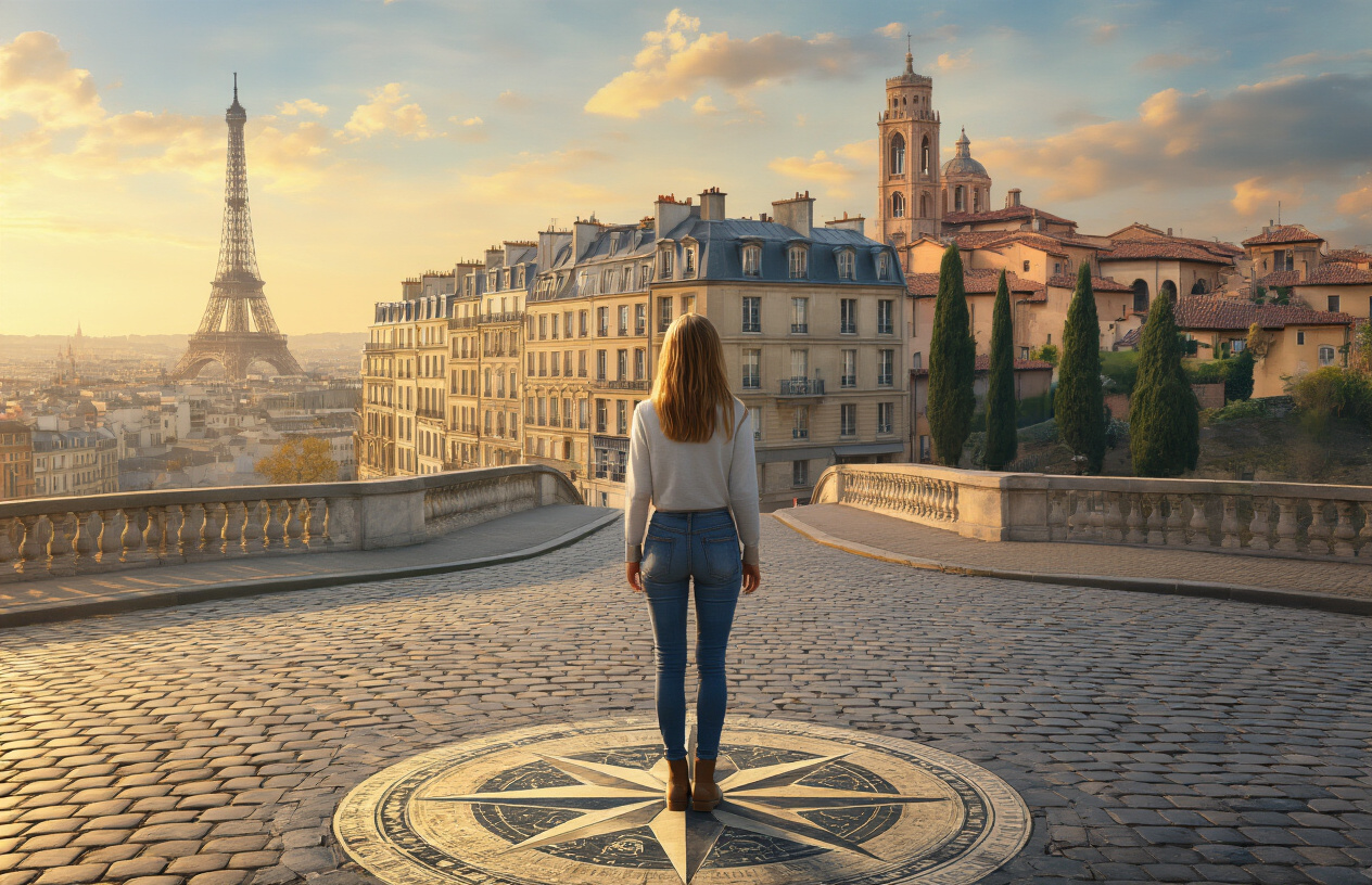 Create a realistic image of a young white female character standing at a crossroads between two distinct European cityscapes, with the left side showing Parisian architecture including classic Haussmann buildings and the Eiffel Tower in the distance, and the right side displaying Italian scenery with Renaissance architecture, terracotta rooftops, and cypress trees, the woman positioned in the center wearing modern stylish clothing while looking contemplatively toward the Italian side, golden hour lighting creating a warm atmospheric glow that emphasizes the transformative journey theme, with a subtle map or compass rose element incorporated into the cobblestone ground beneath her feet, absolutely NO text should be in the scene.