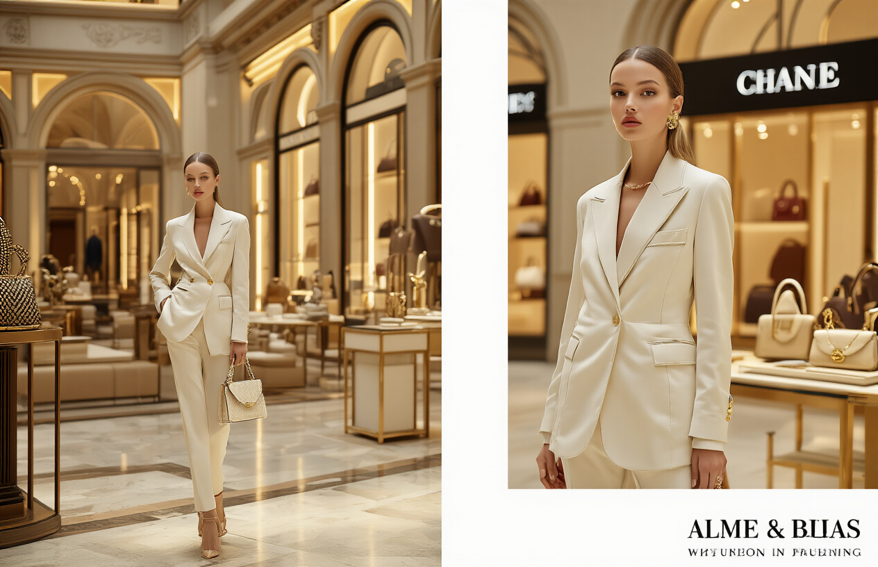 Create a realistic image of a white female model wearing an elegant designer outfit featuring a luxurious Italian fashion brand blazer and accessories, standing in an upscale Milan boutique with high-end fashion displays, designer handbags, and luxury brand logos visible on storefronts in the background, with warm golden lighting creating a sophisticated atmosphere that emphasizes the premium production quality and fashion-forward aesthetic, absolutely NO text should be in the scene.