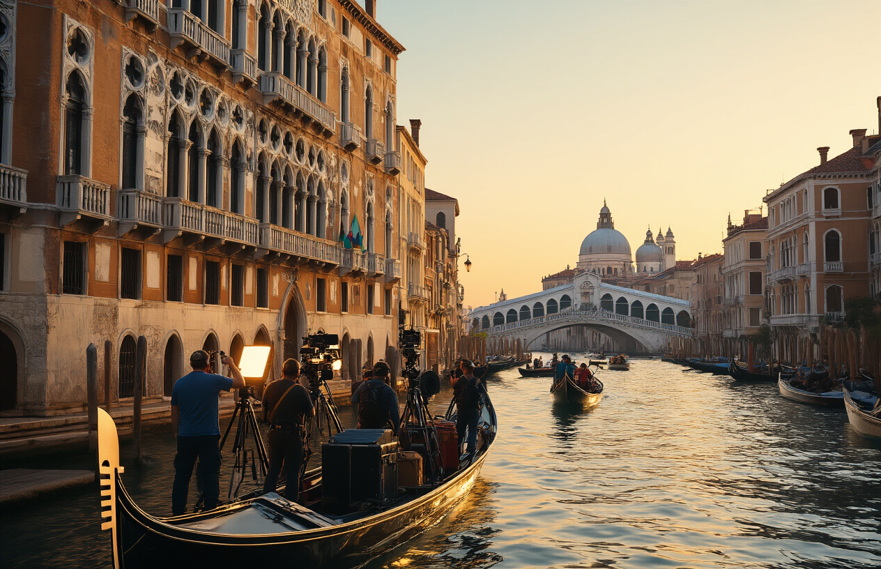 Create a realistic image of a professional film production crew working on an elaborate movie set in Venice, Italy, with cameras, lighting equipment, and crew members positioned on a gondola and along the historic canal-side buildings, showcasing the challenging logistics of filming in the narrow waterways with the iconic Venetian architecture of ancient palazzos and bridges in the background, warm golden hour lighting reflecting off the canal water, conveying the ambitious scale and expertise required for high-end television production in this UNESCO World Heritage location, absolutely NO text should be in the scene.