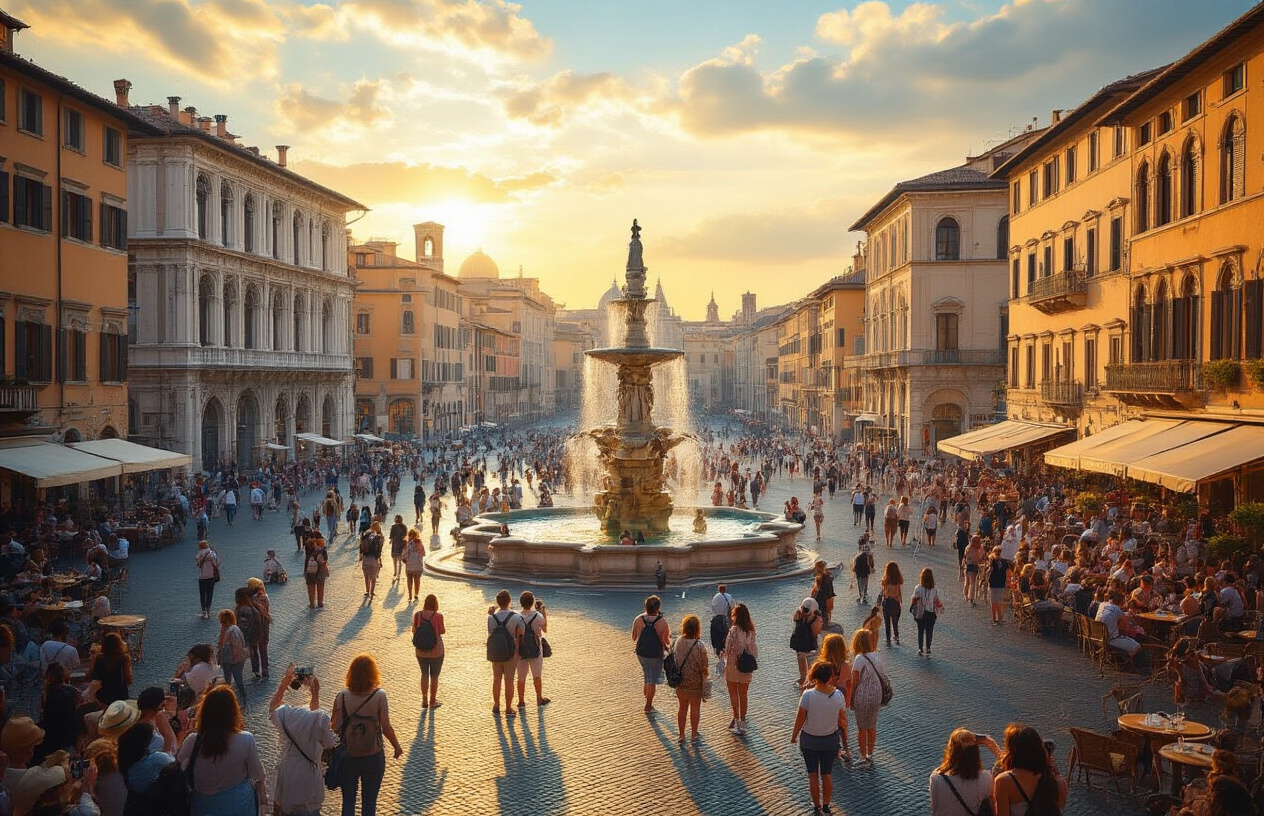Create a realistic image of a bustling Italian piazza with iconic Renaissance architecture featuring ornate fountains and historic buildings, crowds of diverse tourists taking selfies and photos with smartphones, tour groups gathering around famous landmarks, busy outdoor cafes with people dining al fresco, social media influencers posing for content, street performers entertaining visitors, warm golden hour lighting casting long shadows across cobblestone streets, vibrant atmosphere showing the intersection of traditional Italian culture and modern tourism, with people of various races and genders exploring and documenting their experiences, absolutely NO text should be in the scene.