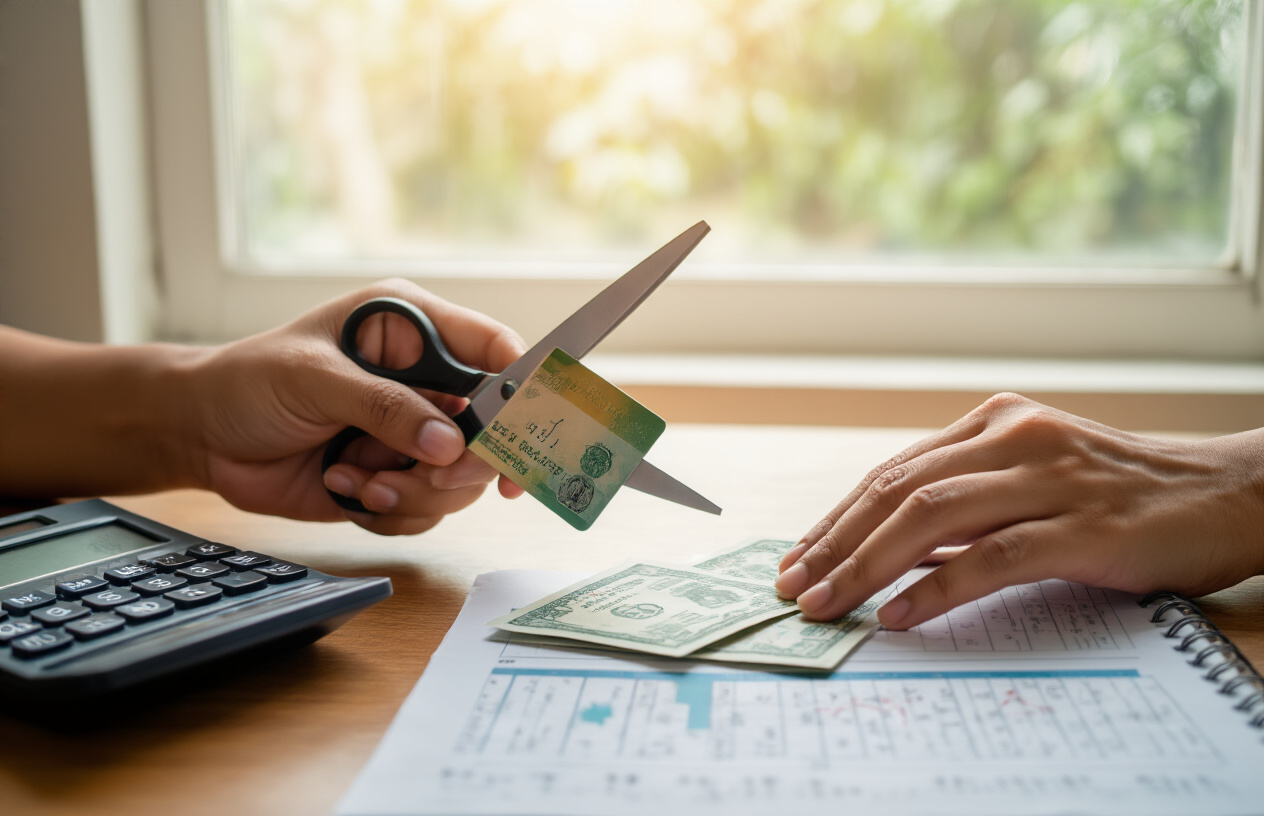 Create a realistic image of an Indian person's hands cutting credit cards with scissors on a wooden desk, with a calculator, some Indian rupee notes, and a notebook with financial calculations visible, representing financial freedom and breaking free from credit card debt traps, warm natural lighting from a window, mood of relief and empowerment, clean organized workspace suggesting financial control and planning, absolutely NO text should be in the scene.