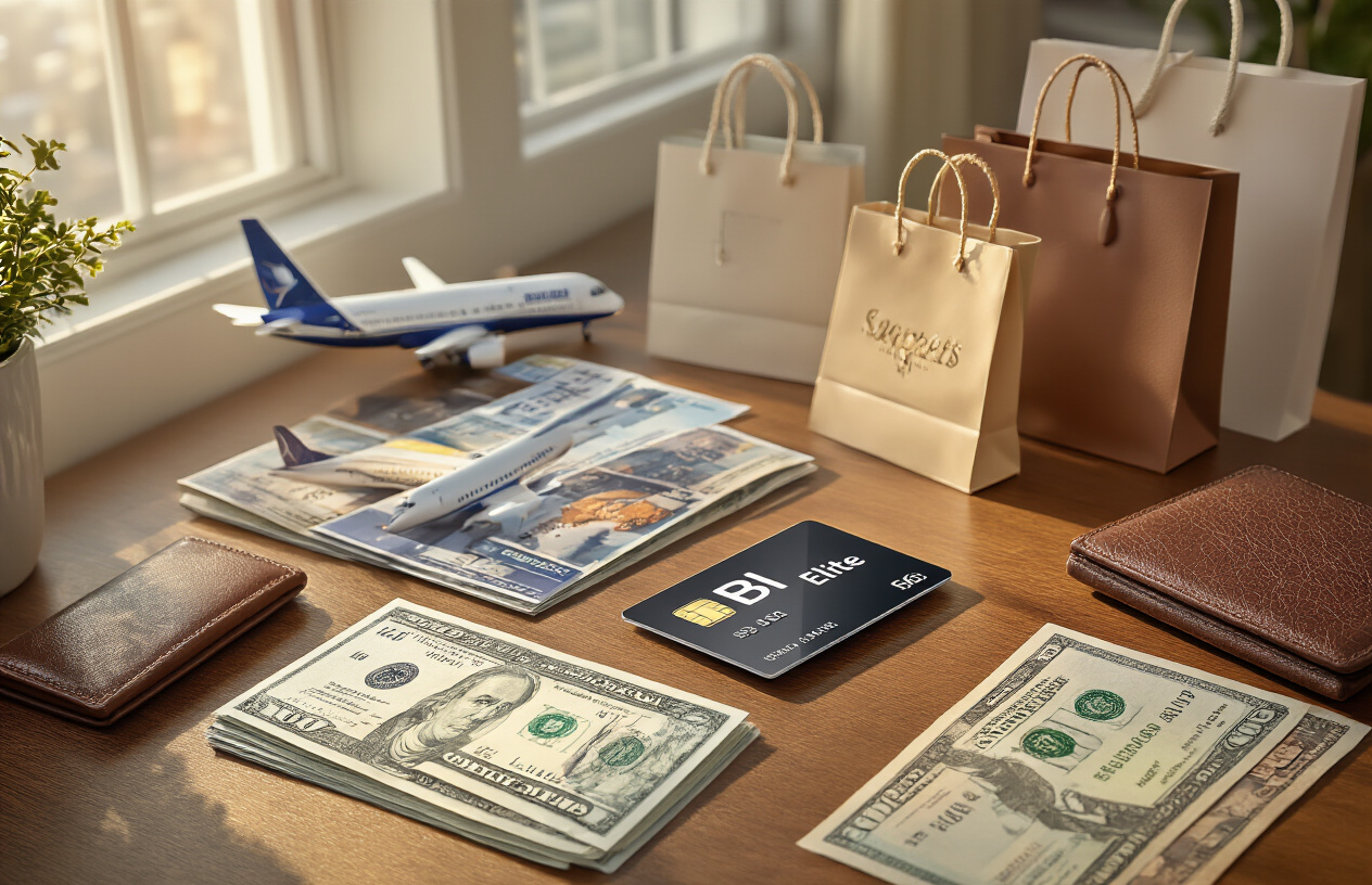 Create a realistic image of a premium SBI Elite credit card positioned elegantly on a polished wooden desk surface alongside luxury lifestyle items including airplane tickets, shopping bags from upscale stores, a smartphone displaying reward points, a leather wallet, and international currency notes, with soft natural lighting from a window creating gentle shadows, conveying success and financial sophistication in a modern office or home setting, with warm golden tones and a shallow depth of field focusing on the credit card as the central element, absolutely NO text should be in the scene.