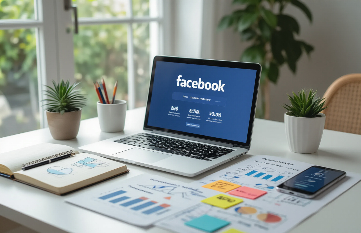 Create a realistic image of a modern office desk setup with an open laptop displaying Facebook's business interface, surrounded by foundational marketing elements including a notebook with sketched funnel diagrams, colorful sticky notes with conversion symbols, a smartphone showing social media notifications, and marketing strategy documents spread across a clean white desk, with soft natural lighting from a nearby window creating a professional and focused atmosphere, absolutely NO text should be in the scene.