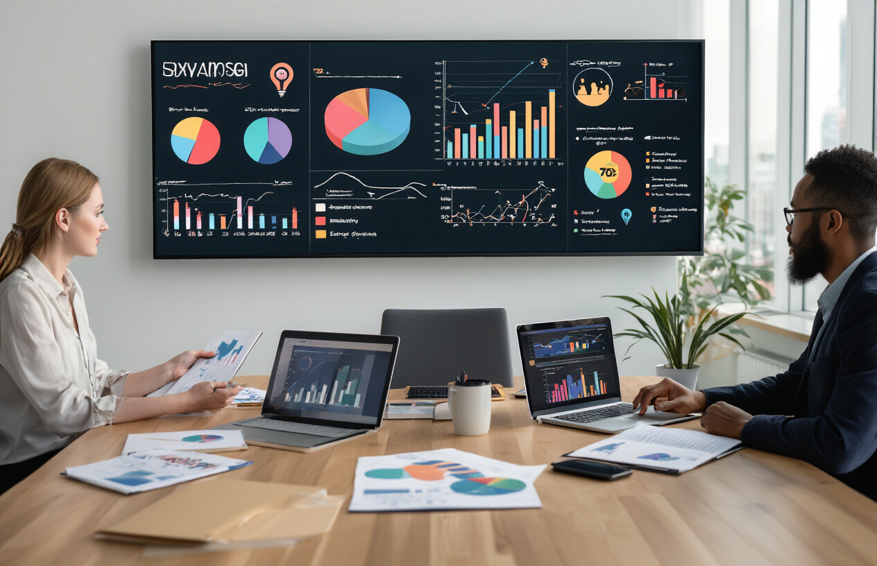 Create a realistic image of a diverse marketing team of three professionals (one white female, one black male, one Asian female) sitting around a modern conference table with laptops and notebooks, studying demographic charts and audience analysis graphs displayed on a large wall-mounted screen, with colorful pie charts and target symbols visible on their computer screens, in a bright contemporary office setting with natural lighting from large windows, conveying a focused strategic planning atmosphere. Absolutely NO text should be in the scene.