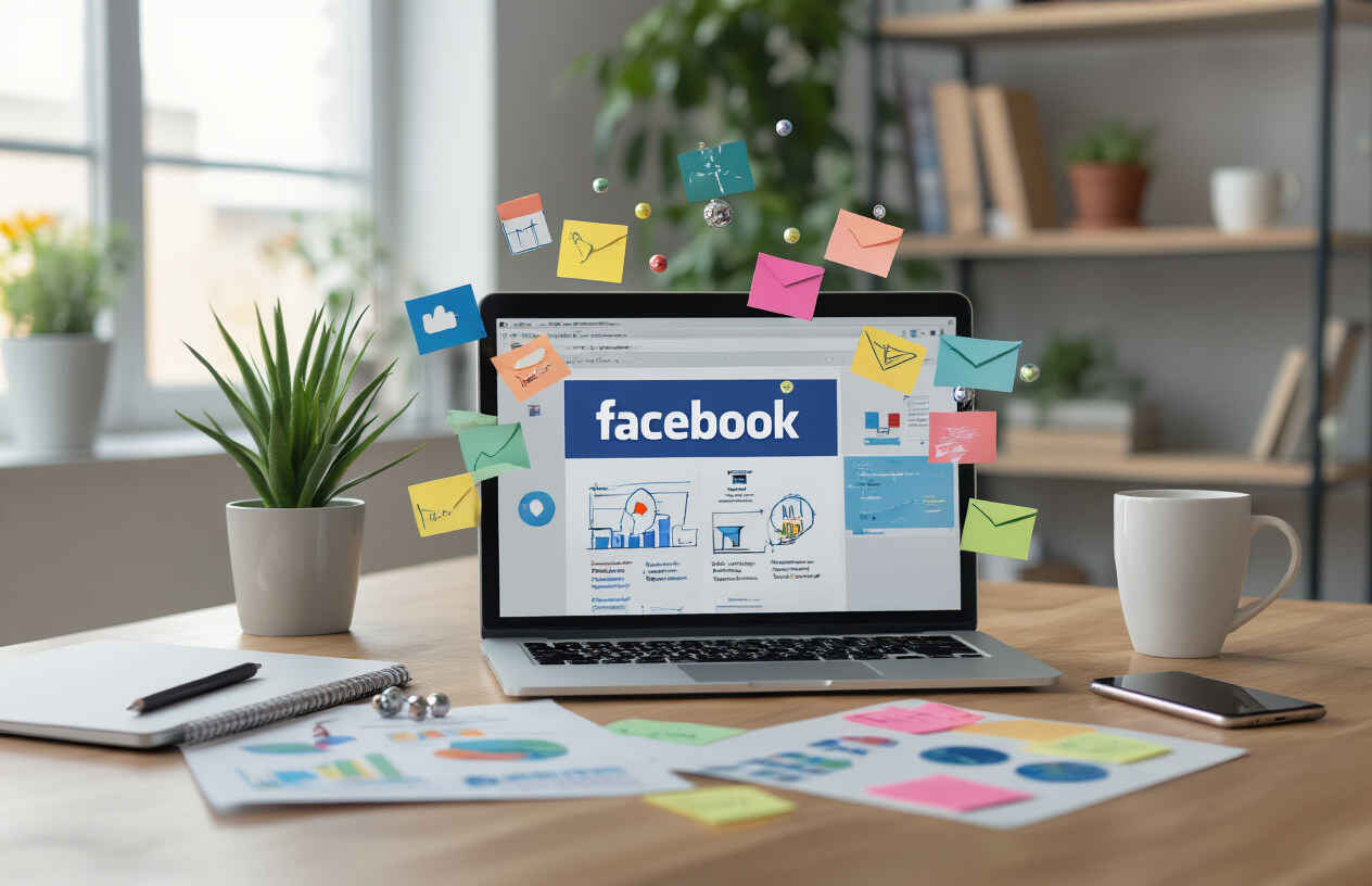 Create a realistic image of a modern workspace setup showing a laptop displaying Facebook's interface with various digital marketing elements like colorful magnets attracting small metal objects representing leads, surrounding the laptop are marketing materials including notebooks with sketches of funnel diagrams, a smartphone showing social media notifications, sticky notes with strategy ideas, and a coffee cup, the scene is set on a clean wooden desk with soft natural lighting from a nearby window creating a professional and focused atmosphere, the background shows a minimalist office environment with a bookshelf, the overall mood conveys productivity and strategic planning for lead generation, absolutely NO text should be in the scene.