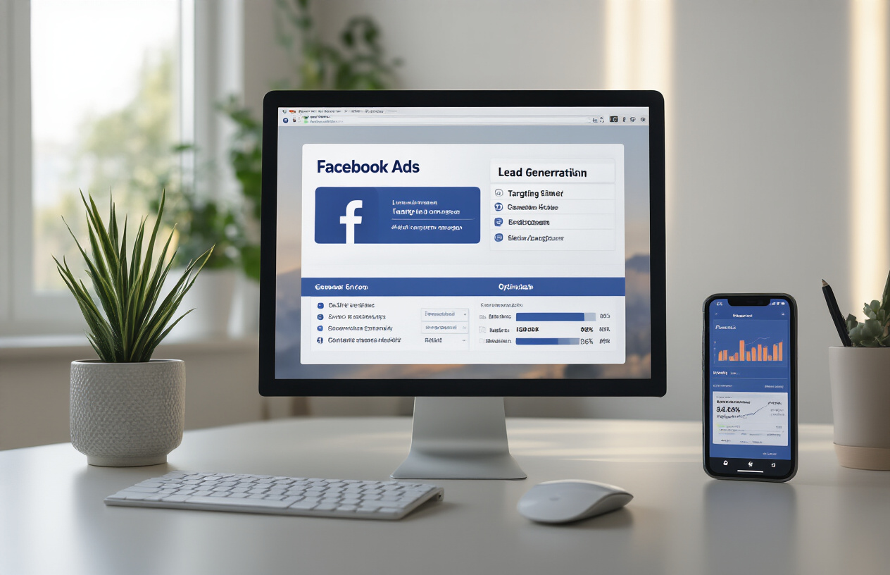 Create a realistic image of a modern workspace showing a computer screen displaying Facebook Ads Manager interface with lead generation campaign settings visible, including targeting options and optimization panels, a wireless mouse and keyboard on a clean desk, smartphone showing Facebook mobile interface nearby, professional office environment with soft natural lighting from a window, charts and analytics graphs visible on the screen indicating campaign performance metrics, minimalist background with neutral colors, focused and productive atmosphere. Absolutely NO text should be in the scene.