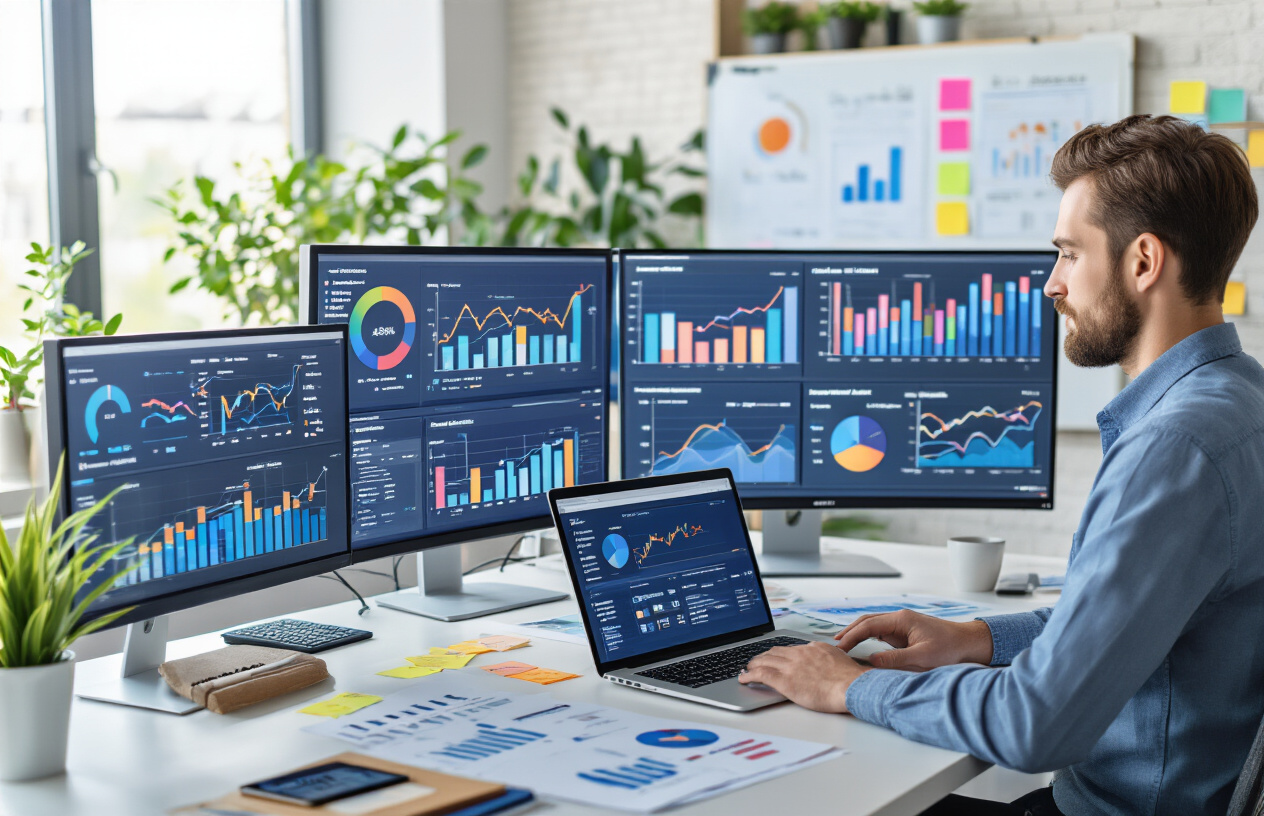 Create a realistic image of a modern office workspace with multiple computer monitors displaying colorful analytics dashboards, charts, and graphs with upward trending arrows, a white male marketing professional in business casual attire analyzing Facebook advertising metrics on his laptop, scattered marketing reports and strategy documents on a clean desk, a smartphone showing Facebook ads manager interface, sticky notes with performance indicators on a glass whiteboard, warm natural lighting from a window, professional corporate atmosphere with blue and white color scheme, and potted plants in the background, absolutely NO text should be in the scene.