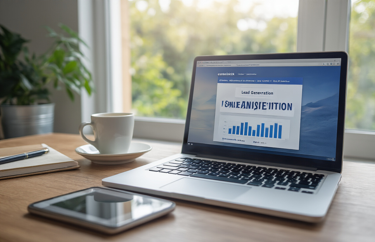 Create a realistic image of a clean, modern workspace showing a laptop computer displaying Facebook's advertising interface with lead generation campaign metrics, surrounded by simple business elements like a smartphone, coffee cup, and notebook, with soft natural lighting from a window, conveying a calm and organized atmosphere of successful digital marketing automation, absolutely NO text should be in the scene.