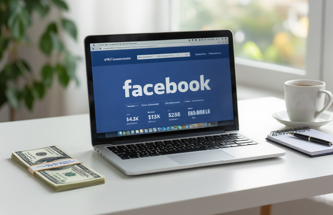 Create a realistic image of a laptop computer displaying Facebook's advertising dashboard with a dollar bill placed next to it on a clean white desk, showing low-cost advertising metrics and lead generation data on the screen, with a bright and optimistic lighting setup suggesting success and affordability, accompanied by a small notepad with a pen and a coffee cup in the background to create a professional workspace atmosphere. Absolutely NO text should be in the scene.
