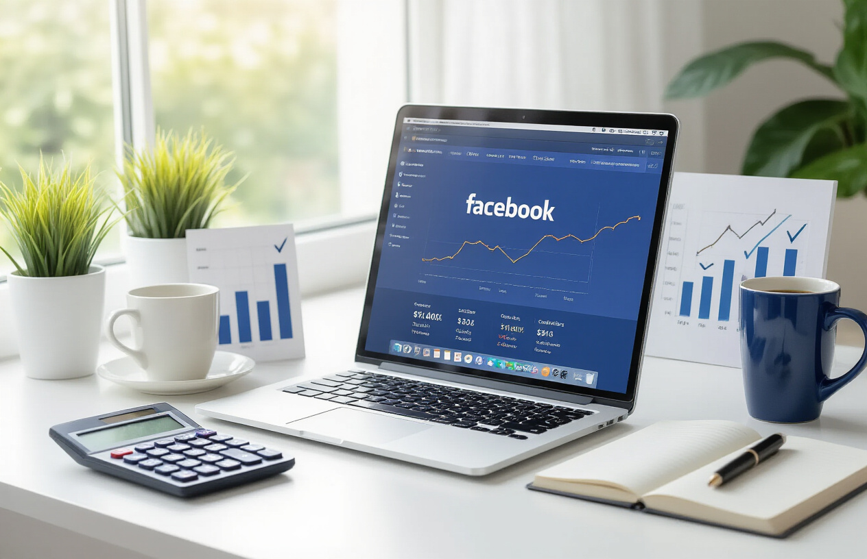 Create a realistic image of a modern workspace showing a successful Facebook marketing campaign conclusion with a laptop displaying Facebook's interface with lead generation metrics and graphs, surrounded by growth charts, calculator showing cost-per-lead under $1, smartphone with notification badges, coffee cup, and notebook with checkmarks, all arranged on a clean white desk with soft natural lighting from a window, creating an atmosphere of achievement and systematic success, absolutely NO text should be in the scene.