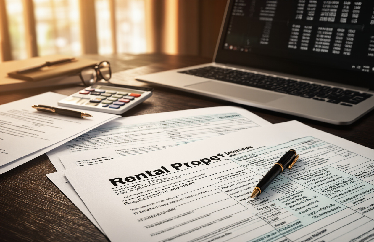Create a realistic image of a professional desk scene with federal tax documents and rental property paperwork spread across a dark wooden surface, featuring calculator, pen, reading glasses, and official IRS forms, with a laptop computer displaying spreadsheet data in the background, warm office lighting creating focused illumination on the documents, conveying a serious business atmosphere of tax preparation and financial planning. Absolutely NO text should be in the scene.