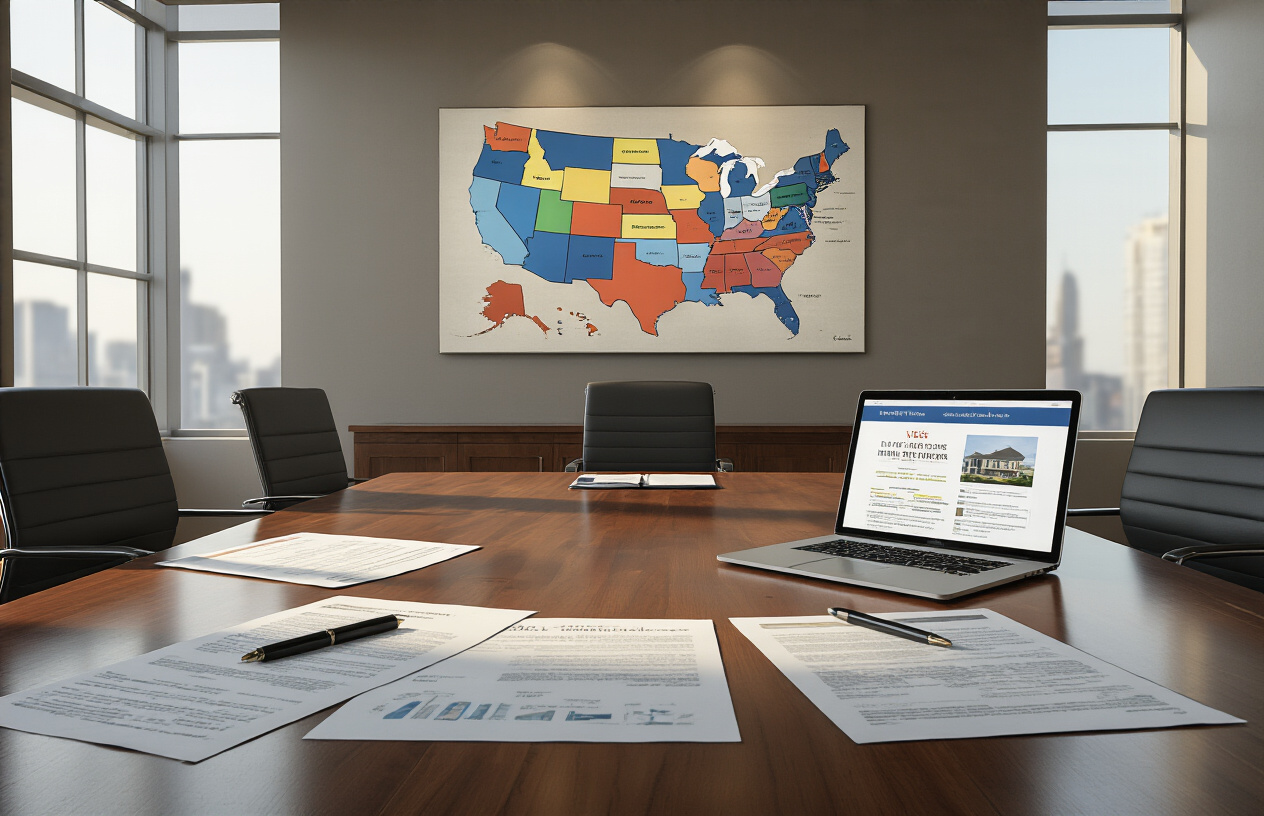 Create a realistic image of a professional meeting room with a large wall map of the United States highlighting key rental markets in different colors, with several legal documents and housing policy papers spread across a polished conference table, alongside a laptop displaying property listings, with soft natural lighting from large windows creating a serious business atmosphere, and absolutely NO text should be in the scene.