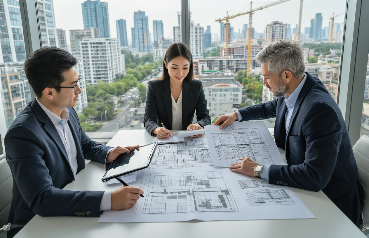 Create a realistic image of a diverse group of real estate investors and property developers gathered around a modern conference table examining architectural blueprints and property development plans, with a white male investor in a business suit pointing to building schematics, a black female professional taking notes on a tablet, and an Asian male developer reviewing financial documents, set in a bright contemporary office with floor-to-ceiling windows overlooking a cityscape of residential buildings and construction cranes, conveying an atmosphere of opportunity and strategic planning with natural daylight streaming in and creating a professional, optimistic mood. Absolutely NO text should be in the scene.