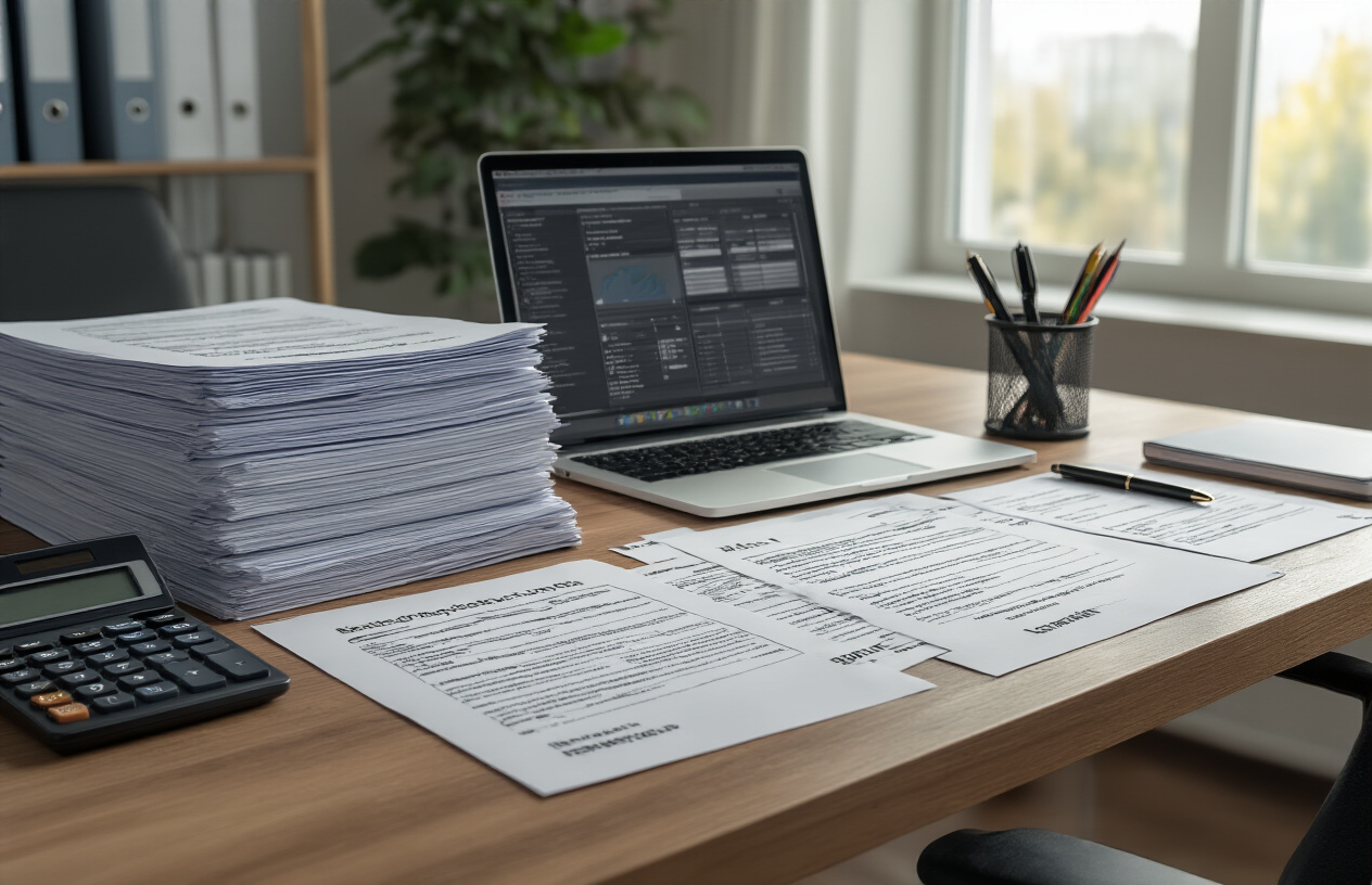 Create a realistic image of a modern office desk with organized stacks of legal documents, rental property contracts, and compliance forms spread across the surface, with a laptop computer displaying a digital filing system, a calculator, and a pen holder containing various writing instruments, set against a clean professional office background with natural lighting from a window, creating a focused business atmosphere that represents thorough documentation and regulatory compliance work. Absolutely NO text should be in the scene.