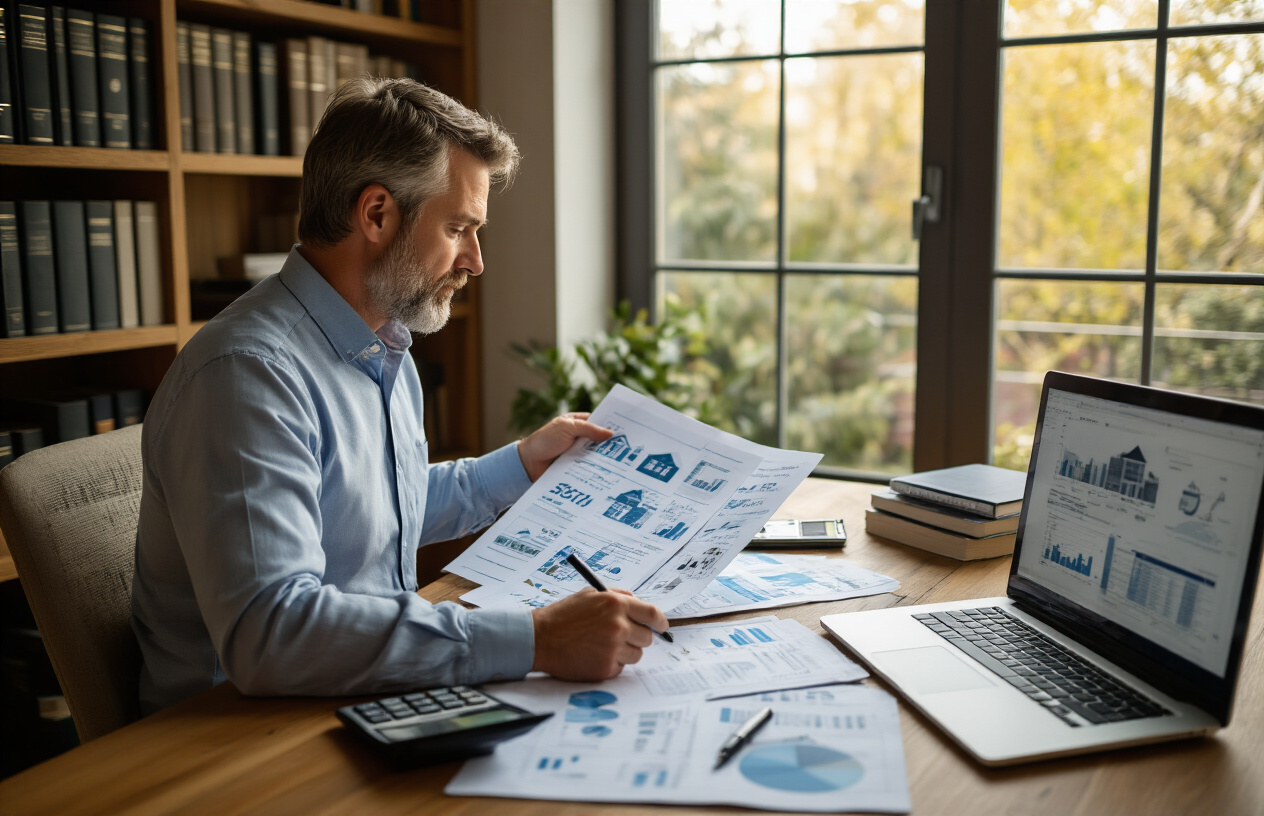 Create a realistic image of a white male real estate investor in his 40s sitting at a modern wooden desk reviewing multiple documents and charts spread across the surface, including property investment portfolios, legal documents, and financial reports, with a laptop computer open showing spreadsheets, a calculator nearby, and a pen in his hand as he analyzes data, set in a professional home office with built-in bookshelves filled with real estate and legal books, warm natural lighting from a large window, creating a focused and strategic planning atmosphere. Absolutely NO text should be in the scene.