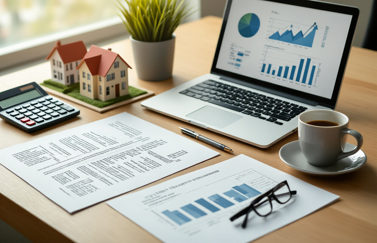 Create a realistic image of a modern professional office desk viewed from above with scattered legal documents, housing policy papers, a calculator, a pen, small model houses in different colors, a laptop computer showing charts and graphs, a coffee cup, and reading glasses, set against a clean wooden desk surface with soft natural lighting from a window, creating a focused and organized business atmosphere that conveys strategic planning and legislative compliance for property investment decisions, absolutely NO text should be in the scene.
