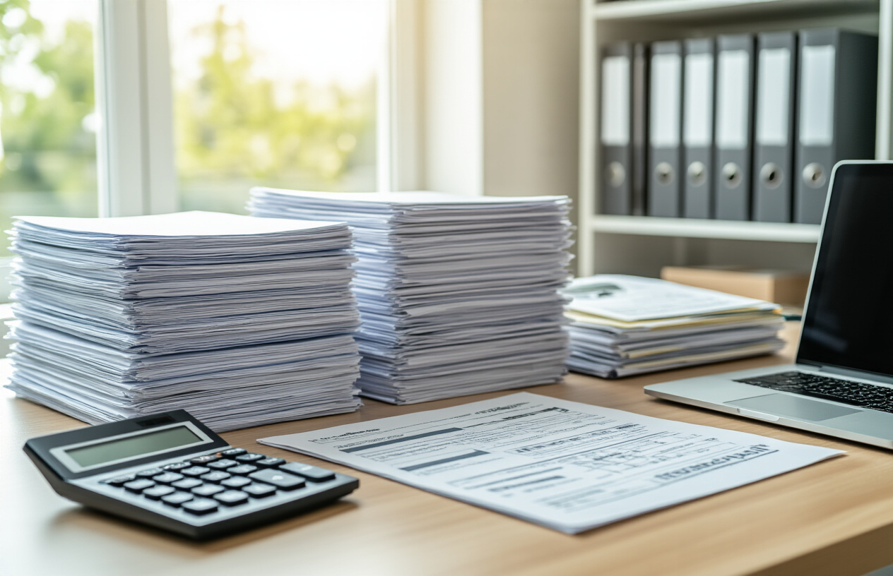 Create a realistic image of a well-organized home office desk with neat stacks of rental property documents, receipts, and folders labeled for tax purposes, alongside a calculator, laptop computer, and filing system with multiple organized binders, set against a clean modern office background with natural lighting from a window, conveying a professional and methodical approach to financial record-keeping, absolutely NO text should be in the scene.