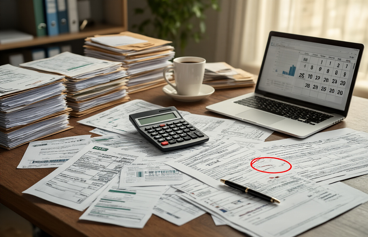 Create a realistic image of a modern office desk with scattered financial documents, receipts, and invoices spread across the surface, a calculator displaying numbers, a laptop computer showing a spreadsheet, a wall calendar in the background with December highlighted and circled in red, stacks of organized expense receipts in folders, a pen lying on top of tax forms, warm office lighting creating a focused work atmosphere, and a coffee cup suggesting late-night work sessions, absolutely NO text should be in the scene.