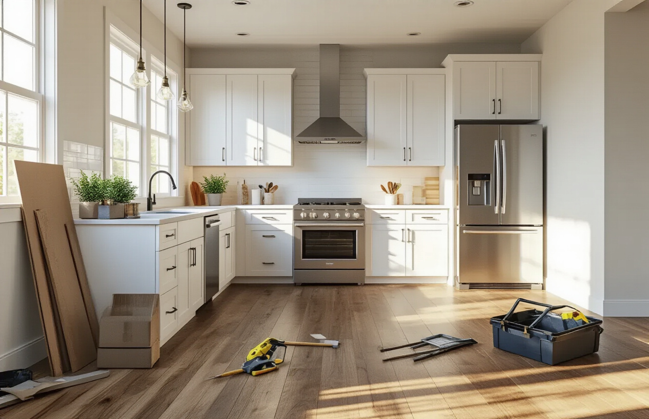 Create a realistic image of a modern rental property interior showing strategic improvements in progress, featuring a partially renovated kitchen with new stainless steel appliances being installed, fresh white cabinets, updated lighting fixtures, and hardwood flooring, with construction tools and materials neatly arranged nearby, warm natural lighting streaming through windows, clean and professional atmosphere suggesting valuable capital expenditures, absolutely NO text should be in the scene.