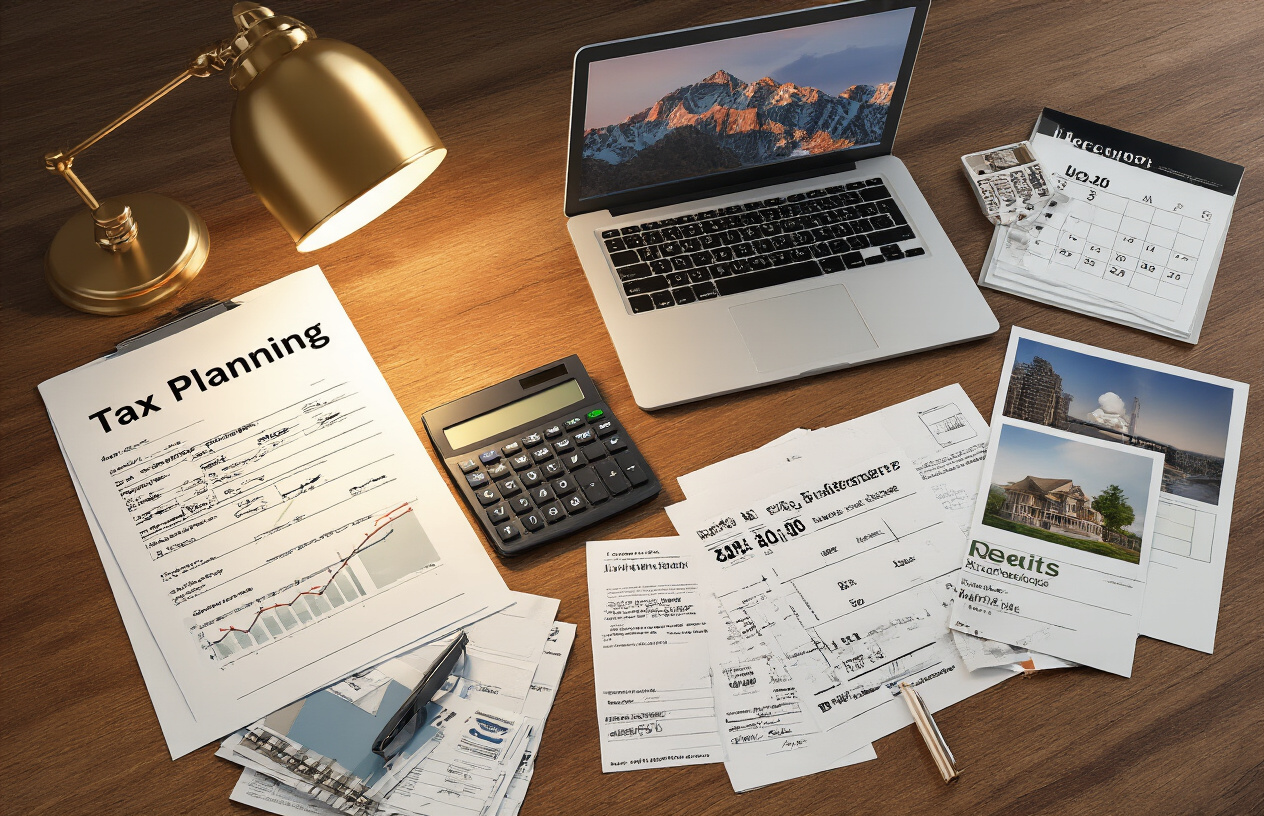 Create a realistic image of a modern office desk scene with tax planning documents, calculator, laptop computer, calendar showing December, real estate property photos, receipts, and financial papers spread across a wooden desk surface, with a warm desk lamp providing focused lighting, creating a professional and organized atmosphere for year-end financial planning, absolutely NO text should be in the scene.