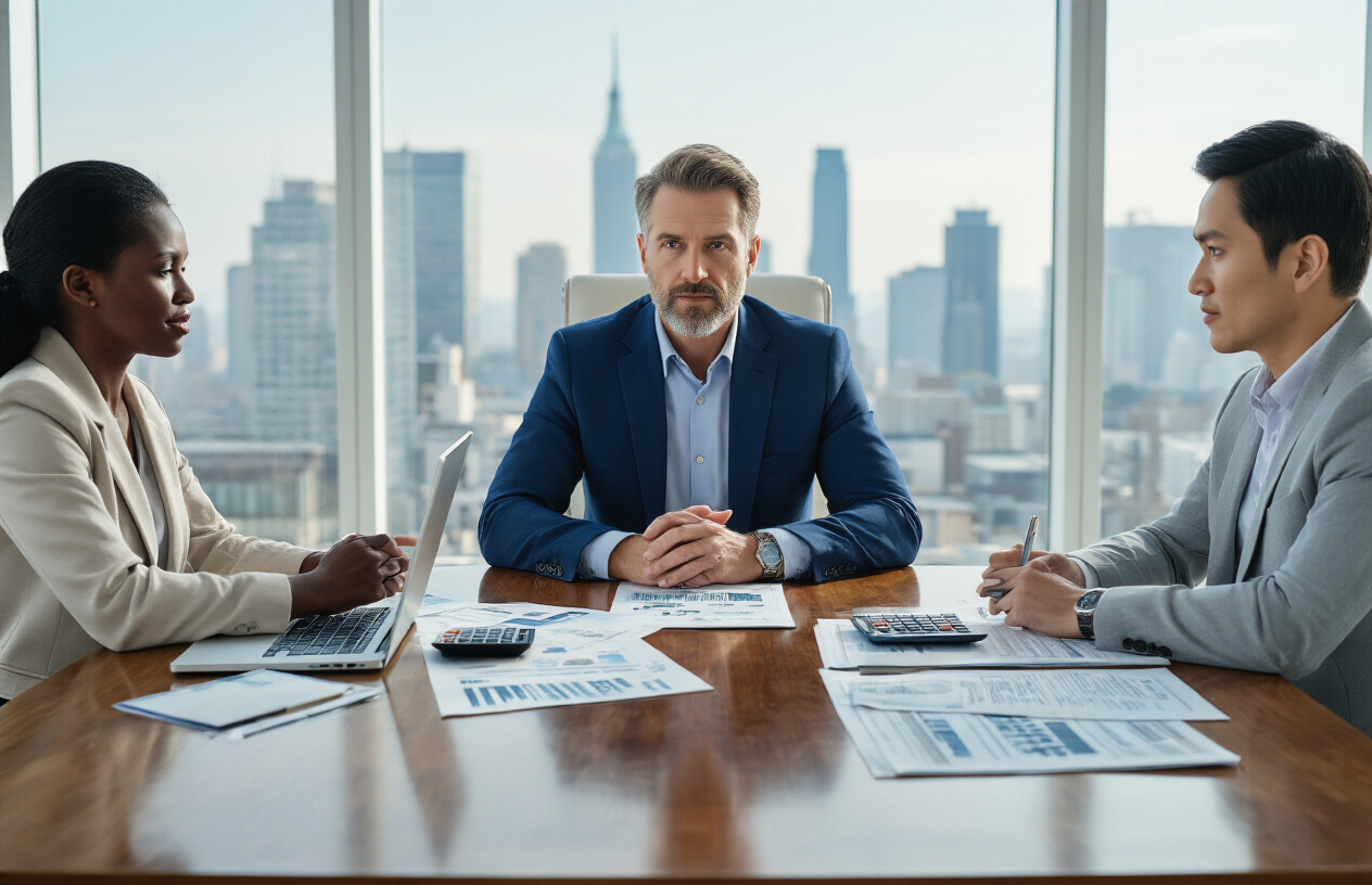 Create a realistic image of a white male certified public accountant in his 40s wearing a navy blue suit sitting across from a diverse group of real estate investors including a black female and an Asian male in a modern professional office conference room, with tax documents and rental property files spread across a polished wooden table, complemented by a laptop computer, calculator, and legal compliance binders, set against floor-to-ceiling windows showing a city skyline, under bright natural lighting creating a serious yet approachable business consultation atmosphere, absolutely NO text should be in the scene.
