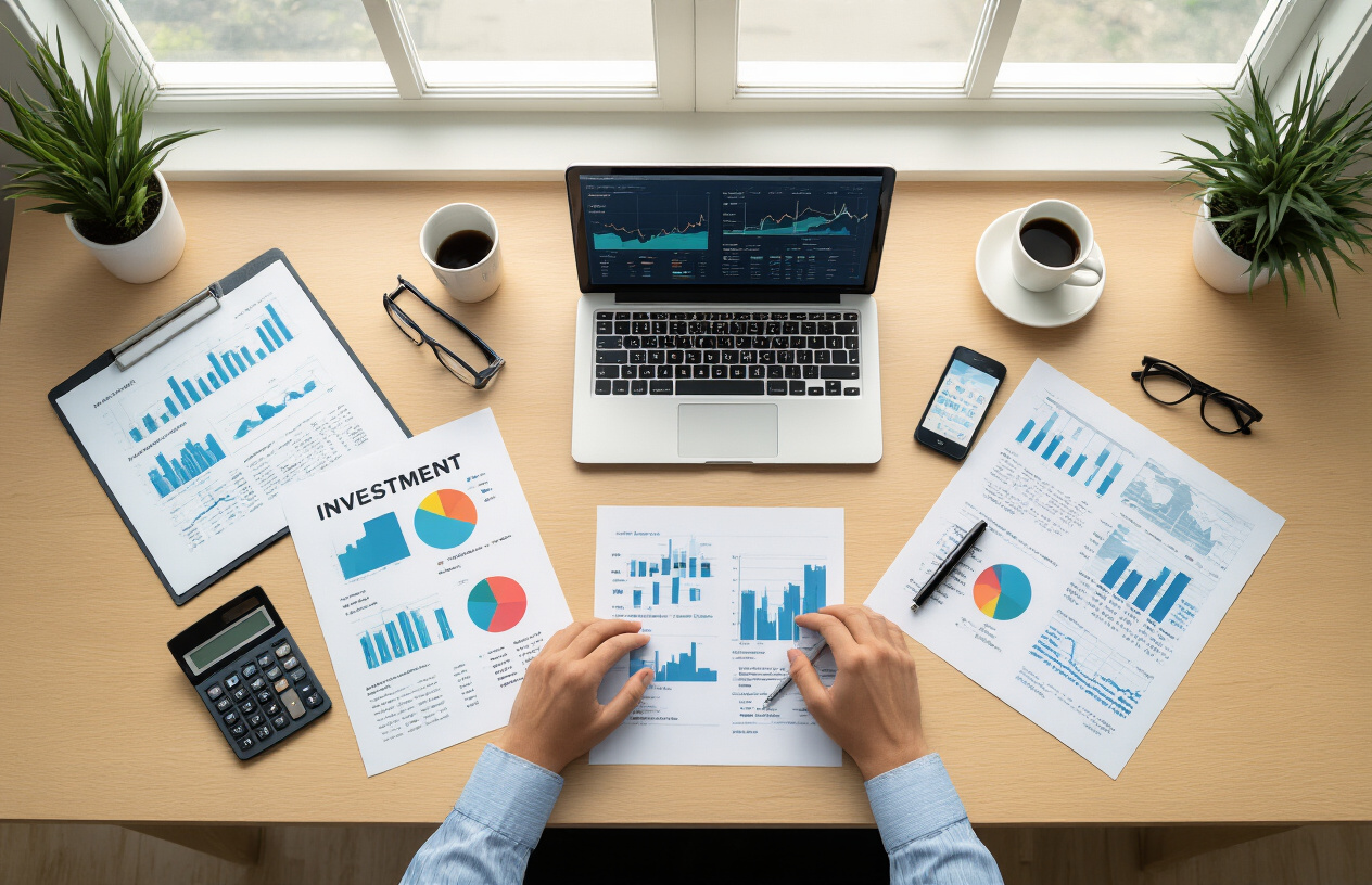 Create a realistic image of a modern office desk from above showing essential investment review components including financial charts and graphs spread across the surface, a laptop computer displaying portfolio analytics, a calculator, printed financial reports with performance metrics, colorful pie charts showing asset allocation, bar graphs indicating market trends, a smartphone showing investment apps, reading glasses, a coffee cup, and a pen, all arranged in an organized manner on a clean wooden desk surface with soft natural lighting from a window, creating a professional and focused atmosphere for financial analysis. Absolutely NO text should be in the scene.