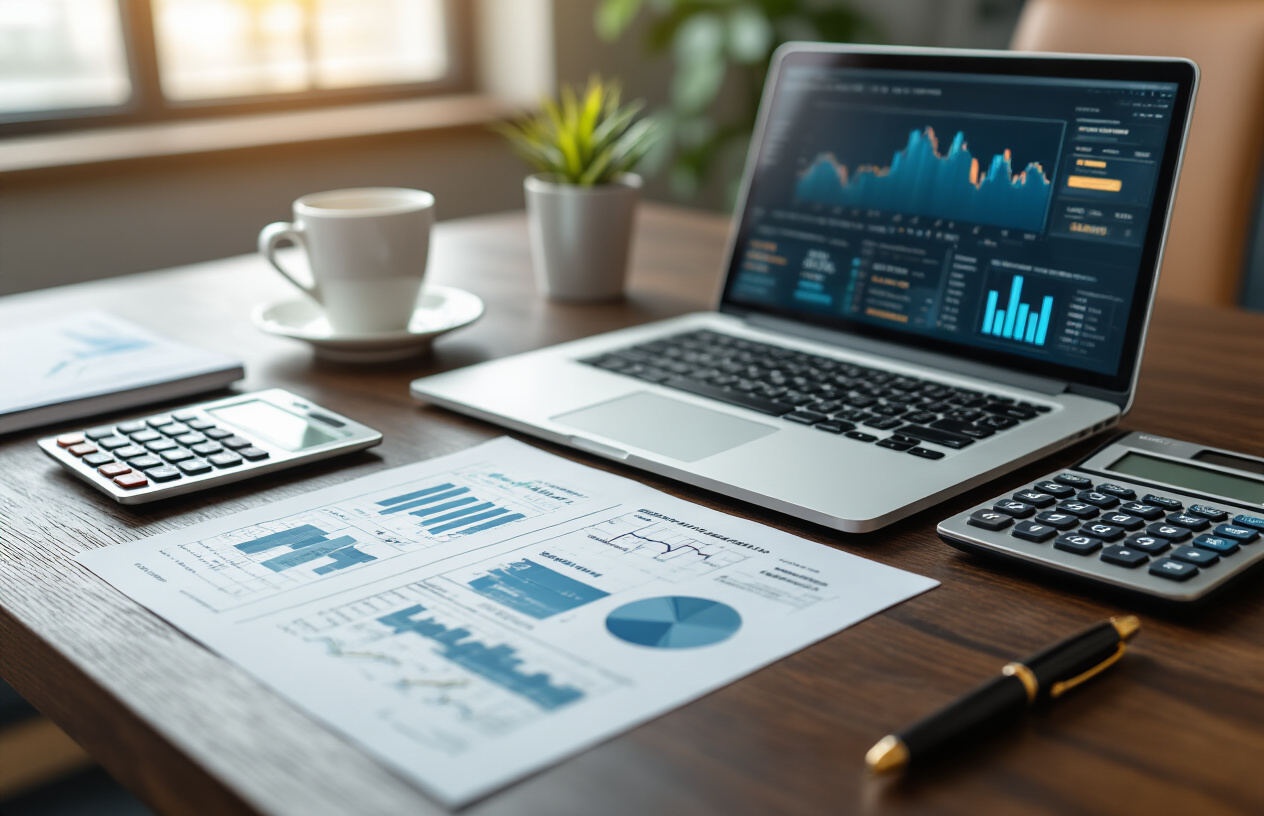 Create a realistic image of a modern office desk from an elevated angle showing financial documents, charts, and graphs spread across a dark wooden surface, with a sleek laptop displaying investment portfolio analytics, a calculator, a premium pen, and a coffee cup positioned nearby, set against a softly blurred background of a contemporary office environment with warm natural lighting from a window, creating a professional and successful atmosphere that conveys smart financial planning and mid-year investment analysis, absolutely NO text should be in the scene.