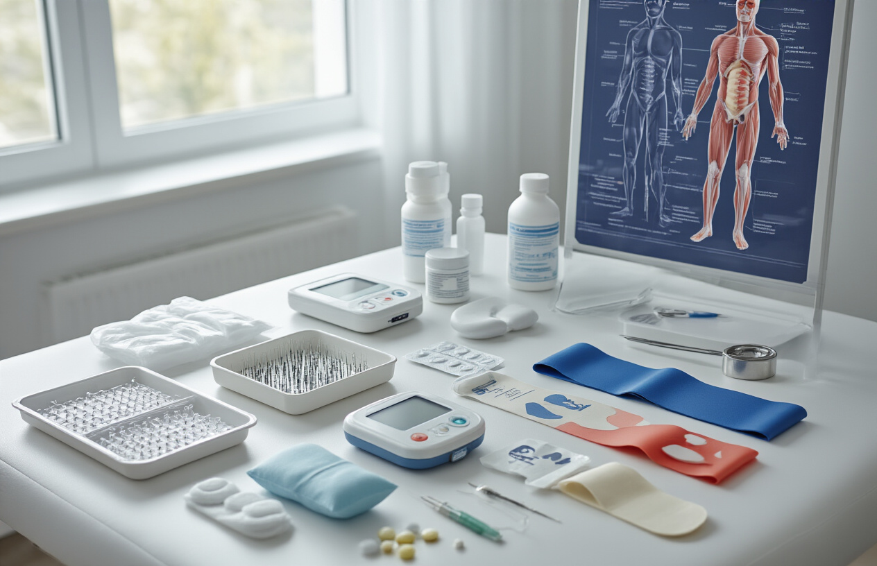 Create a realistic image of a modern medical consultation room showing various non-surgical pain management tools and equipment arranged on a clean white medical table, including acupuncture needles in a sterile tray, a TENS unit with electrode pads, physical therapy resistance bands, ice packs, heat therapy pads, and a bottle of anti-inflammatory medication, with a professional medical chart displaying the human body's pain points visible in the background, soft natural lighting streaming through a window, creating a calm and therapeutic atmosphere in a clean clinical setting, absolutely NO text should be in the scene.