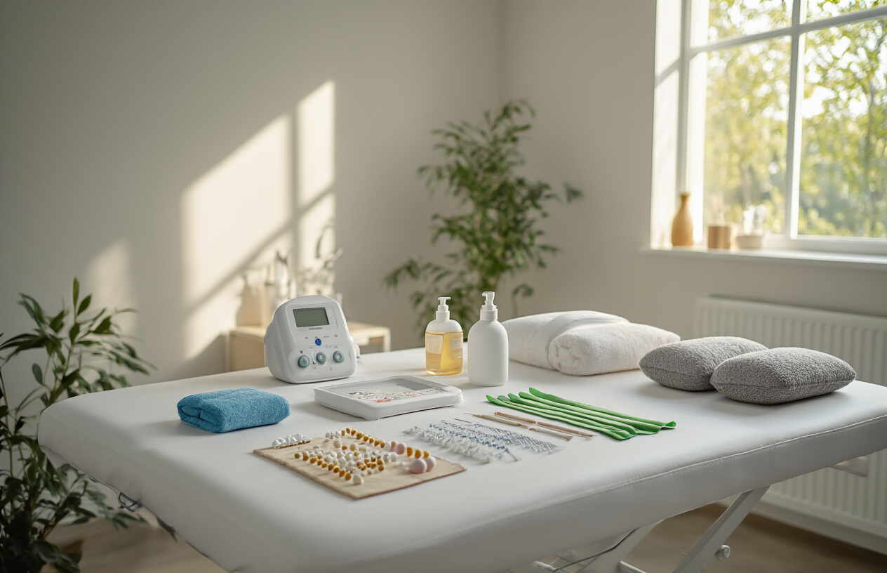 Create a realistic image of a peaceful medical consultation room showing various non-surgical pain management tools and equipment including acupuncture needles, massage therapy oils, physical therapy resistance bands, a TENS unit device, and meditation cushions arranged on a clean white medical table, with soft natural lighting streaming through a window, creating a calm and therapeutic atmosphere that emphasizes wellness and healing without surgical intervention, absolutely NO text should be in the scene.