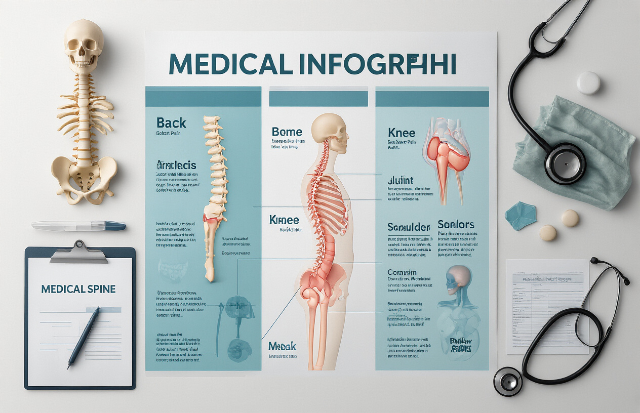 Create a realistic image of a medical infographic-style layout showing various body parts and medical conditions including a spine model highlighting back pain areas, a knee joint diagram showing arthritis, a shoulder anatomy illustration, and a neck/cervical spine representation, all arranged on a clean white medical office desk with stethoscope, medical charts, and anatomical models in soft, professional lighting that conveys healing and medical expertise, absolutely NO text should be in the scene.