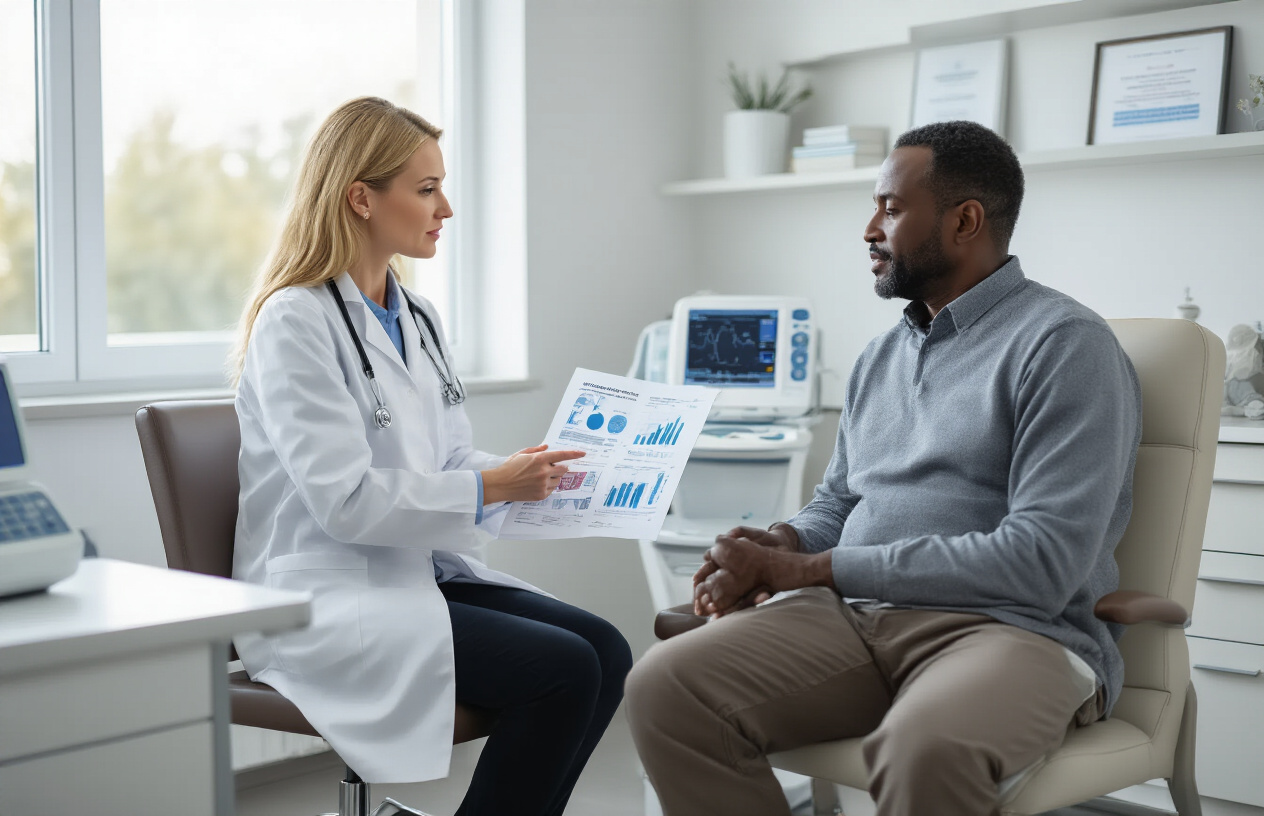 Create a realistic image of a modern medical consultation room with a white female doctor in a lab coat showing evidence-based charts and research documents to a middle-aged black male patient sitting comfortably in a chair, medical equipment like ultrasound therapy devices and acupuncture models visible on counters, natural lighting streaming through a window creating a professional and reassuring atmosphere, clean white walls with medical diplomas and certificates displayed, emphasizing a scientific and trustworthy healthcare environment, absolutely NO text should be in the scene.