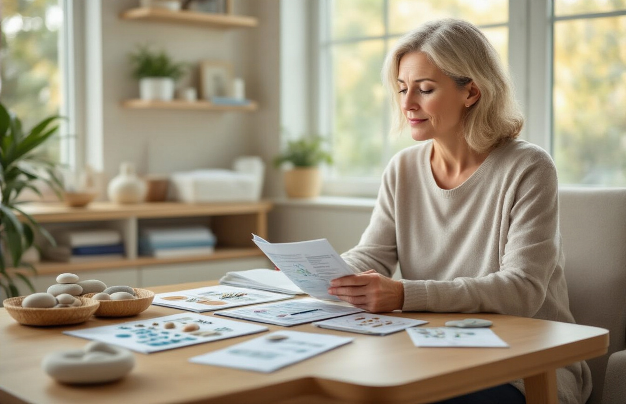 Create a realistic image of a middle-aged white female patient sitting in a comfortable modern medical consultation room, thoughtfully looking at informational brochures about different pain management options spread on a wooden table, with a diverse collection of non-surgical treatment tools like acupuncture needles, physical therapy equipment, and massage stones visible on nearby shelves, warm natural lighting streaming through large windows creating a calm and hopeful atmosphere, the scene conveying decision-making and careful consideration of healthcare choices, absolutely NO text should be in the scene.