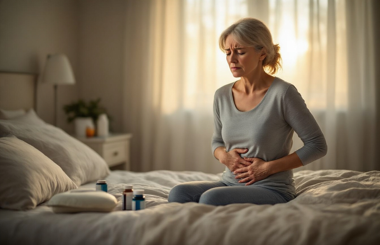 Create a realistic image of a middle-aged white female sitting on the edge of her bed in a softly lit bedroom, holding her lower back with both hands in visible discomfort, her face showing signs of chronic pain and fatigue, with morning sunlight filtering through sheer curtains creating a gentle, empathetic atmosphere, everyday items like medication bottles on the nightstand and a heating pad nearby suggesting ongoing pain management, the scene conveying the daily struggle of living with chronic pain in a warm, understanding tone, absolutely NO text should be in the scene.