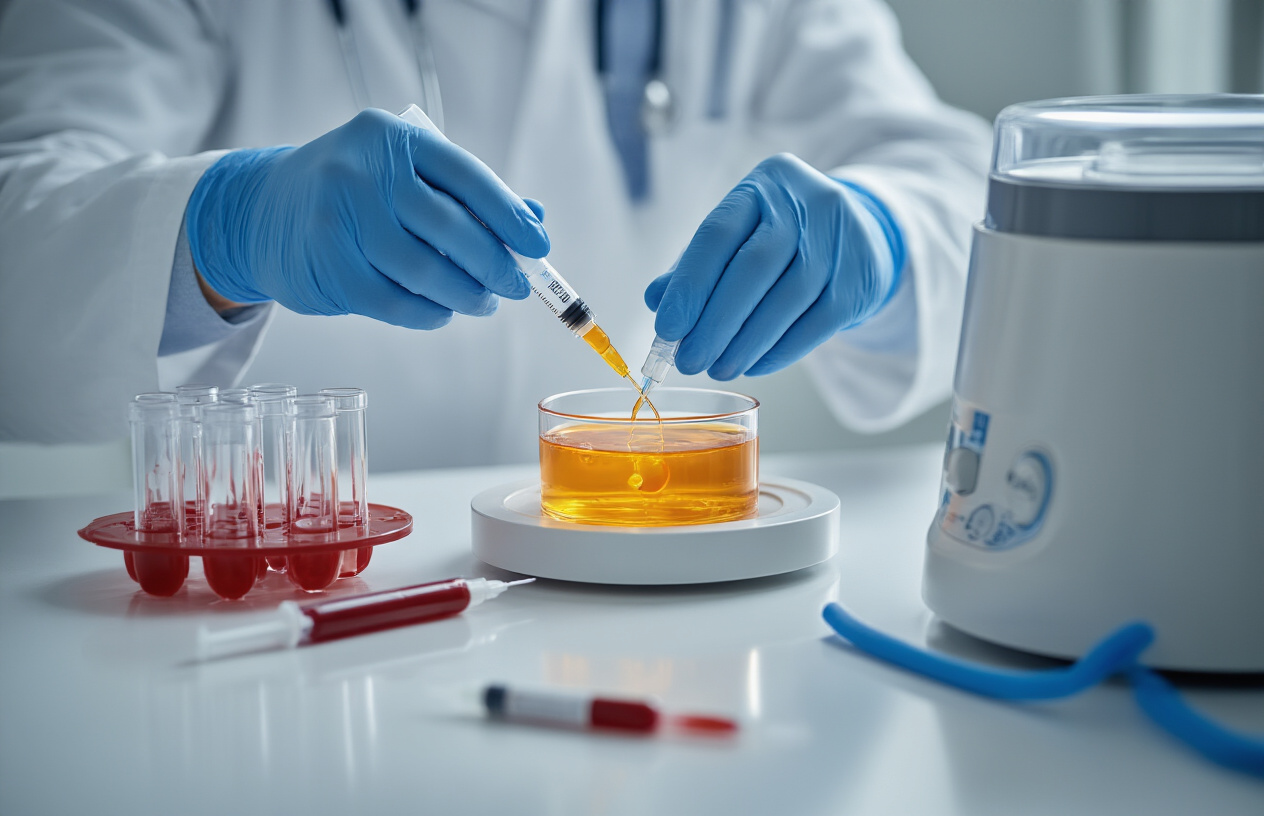 Create a realistic image of a medical professional's hands wearing blue latex gloves drawing golden-colored platelet-rich plasma into a syringe from a centrifuge tube, with medical equipment including a centrifuge machine and blood collection tubes visible on a clean white medical counter, soft clinical lighting illuminating the scene, conveying a sense of hope and advanced medical treatment for pain relief, absolutely NO text should be in the scene.