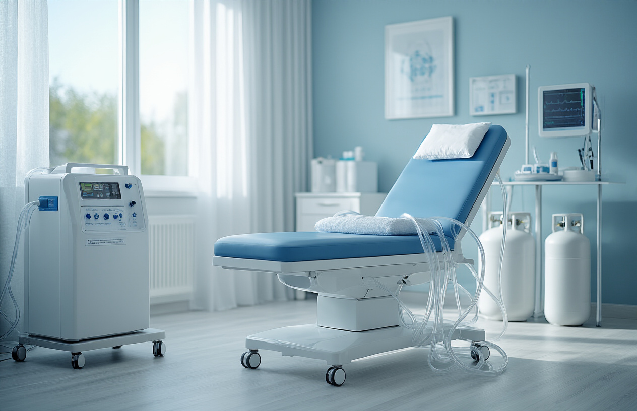 Create a realistic image of a modern medical treatment room with ozone therapy equipment including an ozone generator machine with tubes and oxygen tanks, a comfortable treatment chair, clean white and blue medical environment with soft natural lighting from a window, sterile medical atmosphere suggesting healing and pain relief, with medical instruments and monitoring devices visible in the background, professional healthcare setting that conveys hope and advanced medical treatment, absolutely NO text should be in the scene.