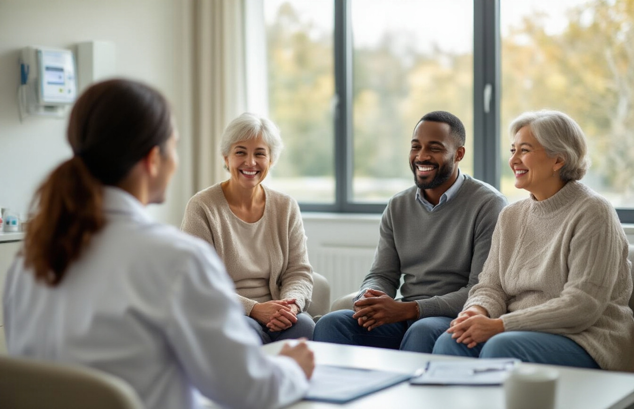 Create a realistic image of a diverse group of three patients - a white female in her 50s, a black male in his 40s, and an Asian female in her 60s - sitting comfortably in a modern medical consultation room, all showing expressions of relief and happiness while speaking with a healthcare professional whose back is turned to the camera, with medical charts and treatment documentation visible on a desk, natural lighting streaming through large windows creating a hopeful and positive atmosphere, medical equipment subtly visible in the background, and the overall scene conveying successful recovery and satisfaction with their treatment outcomes, absolutely NO text should be in the scene.
