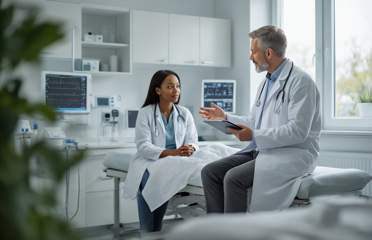 Create a realistic image of a calm medical consultation room with a white male doctor in a white coat explaining treatment procedures to a black female patient sitting on an examination table, medical safety charts and equipment visible in the background, soft natural lighting from a window creating a reassuring atmosphere, the doctor holding a medical clipboard while gesturing professionally, clean modern clinic environment with medical monitors and safety equipment, peaceful and professional mood conveying trust and medical expertise, absolutely NO text should be in the scene.