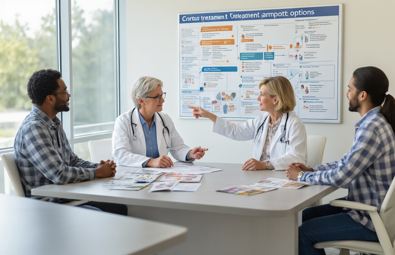 Create a realistic image of a middle-aged white female doctor in a white coat sitting across from a diverse group of three patients (a black male, white female, and Hispanic male) around a modern medical consultation table, with the doctor pointing to a large medical chart on the wall showing different treatment pathways and options, while pamphlets about various therapies are spread on the table, set in a bright, clean medical office with natural lighting from large windows, conveying a collaborative and hopeful atmosphere as they discuss treatment decisions together, absolutely NO text should be in the scene.