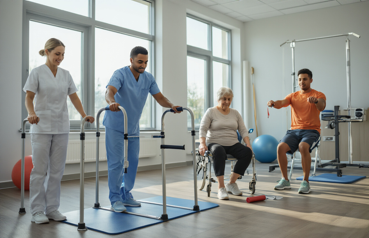 Create a realistic image of a professional rehabilitation clinic setting with a white female physiotherapist in medical scrubs helping a diverse group of patients including a black male using parallel bars for walking therapy, an elderly white woman doing seated arm exercises, and a young Hispanic male working with resistance bands, featuring modern medical equipment, exercise mats, and therapy balls in a bright, clean clinical environment with natural lighting from large windows, conveying hope and progress in recovery, absolutely NO text should be in the scene.