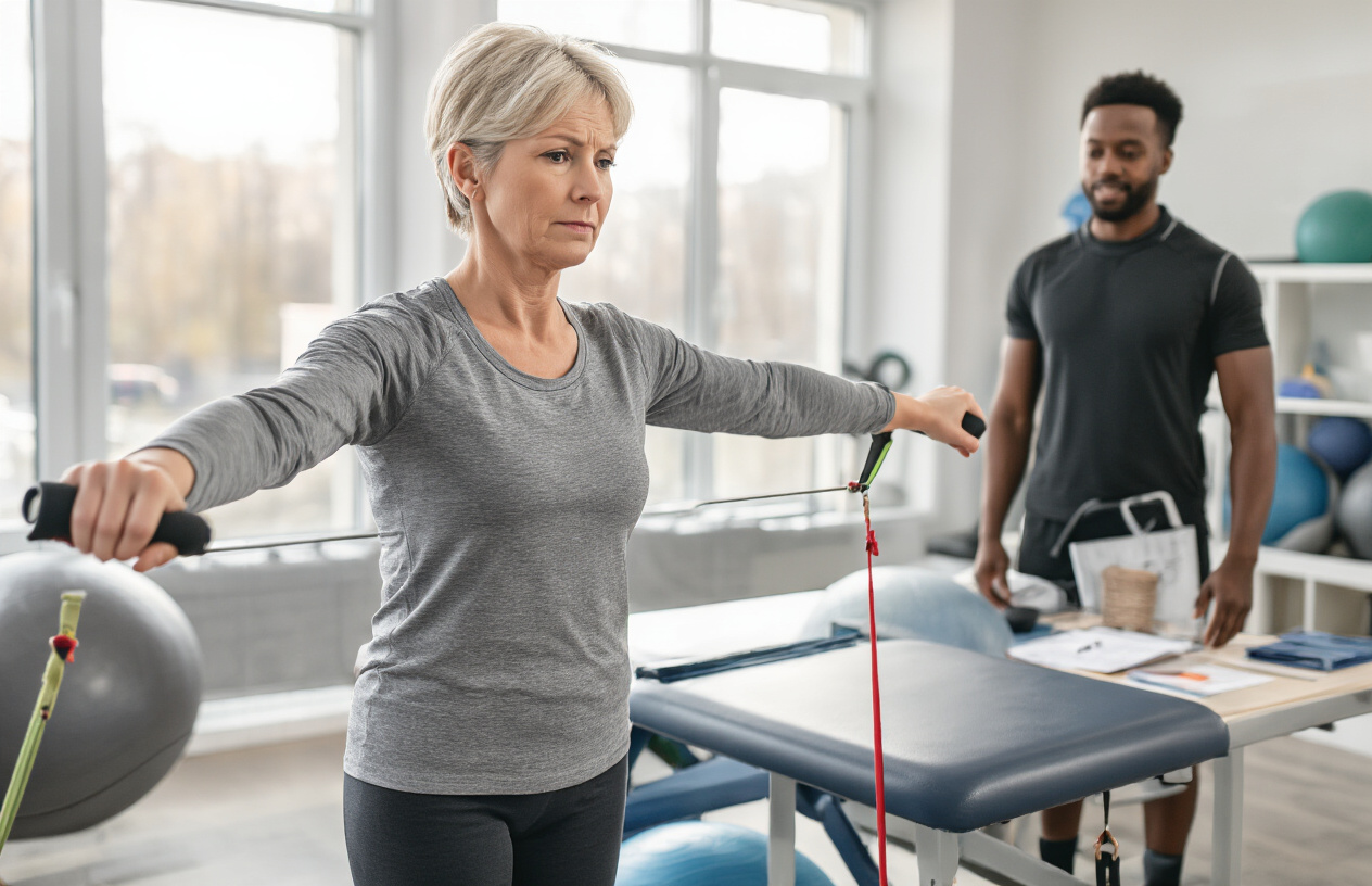 Create a realistic image of a middle-aged white female patient in athletic wear working with exercise equipment including resistance bands and balance balls in a modern physiotherapy clinic, with a concerned but determined expression as she performs challenging rehabilitation exercises, while a black male physiotherapist observes supportively in the background, soft natural lighting streaming through large windows creating an encouraging atmosphere, medical charts and mobility aids visible on nearby tables suggesting the complexity of long-term recovery processes, absolutely NO text should be in the scene.