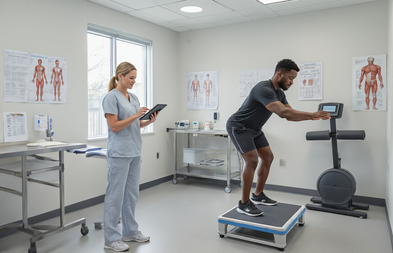 Create a realistic image of a modern physiotherapy clinic assessment room showing a white female physiotherapist in scrubs using a tablet to record data while a black male patient performs a balance exercise on a stability platform, with medical charts and measurement tools visible on a nearby table, exercise equipment and anatomical posters in the background, bright clinical lighting, professional healthcare environment with clean white walls and medical flooring, absolutely NO text should be in the scene.