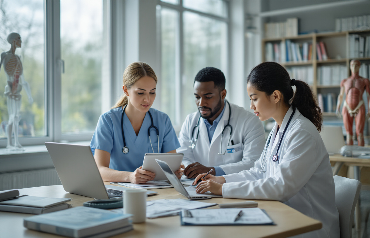 Create a realistic image of diverse healthcare professionals including a white female nurse, a black male doctor, and an Asian female medical student studying on laptops and tablets in a modern, bright library setting with medical textbooks and stethoscopes on the table, soft natural lighting streaming through large windows, conveying a sense of focused learning and professional development in a flexible educational environment, with medical charts and anatomy models visible in the background, absolutely NO text should be in the scene.