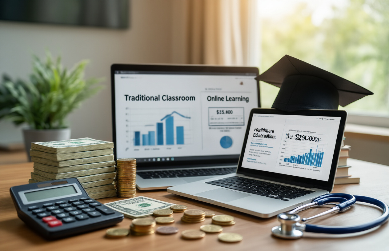 Create a realistic image of a split-screen comparison showing traditional classroom education costs versus online learning, featuring stacks of dollar bills and coins on wooden desk surface with calculator, laptop computer displaying healthcare education content, medical stethoscope, graduation cap, and financial charts showing cost savings over time, warm natural lighting from window, professional office environment, absolutely NO text should be in the scene.