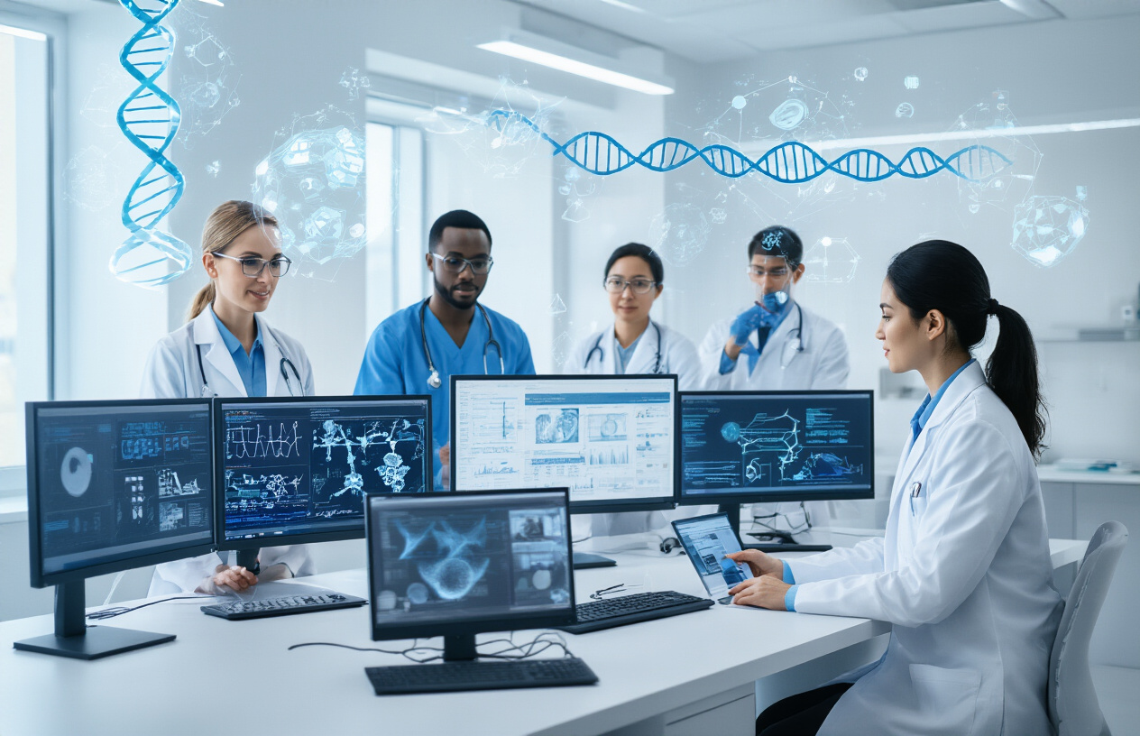 Create a realistic image of a diverse group of healthcare professionals including a white female doctor, a black male nurse, and an Asian female medical researcher gathered around a modern computer workstation with multiple monitors displaying medical research data, molecular structures, and digital medical journals, with floating holographic DNA helixes and medical icons in the background representing rapidly evolving medical knowledge, set in a contemporary medical facility with clean white walls and bright fluorescent lighting, conveying a sense of continuous learning and technological advancement in healthcare education, Absolutely NO text should be in the scene.