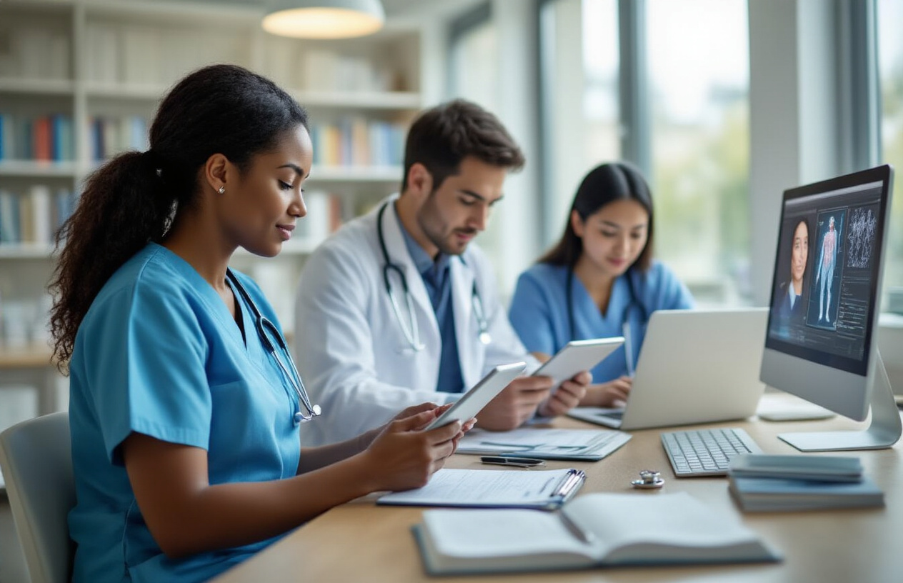 Create a realistic image of a diverse group of healthcare professionals studying at their own pace in a modern learning environment, featuring a black female nurse reviewing digital anatomy content on a tablet, a white male doctor examining medical charts on a laptop, and an Asian female medical student taking notes while watching an educational video on a computer screen, all seated comfortably in a bright, contemporary library or study space with medical textbooks and stethoscopes nearby, soft natural lighting streaming through large windows, creating a focused yet relaxed atmosphere that emphasizes individual learning progress and flexibility, with modern furniture and healthcare-related educational materials visible in the background, absolutely NO text should be in the scene.