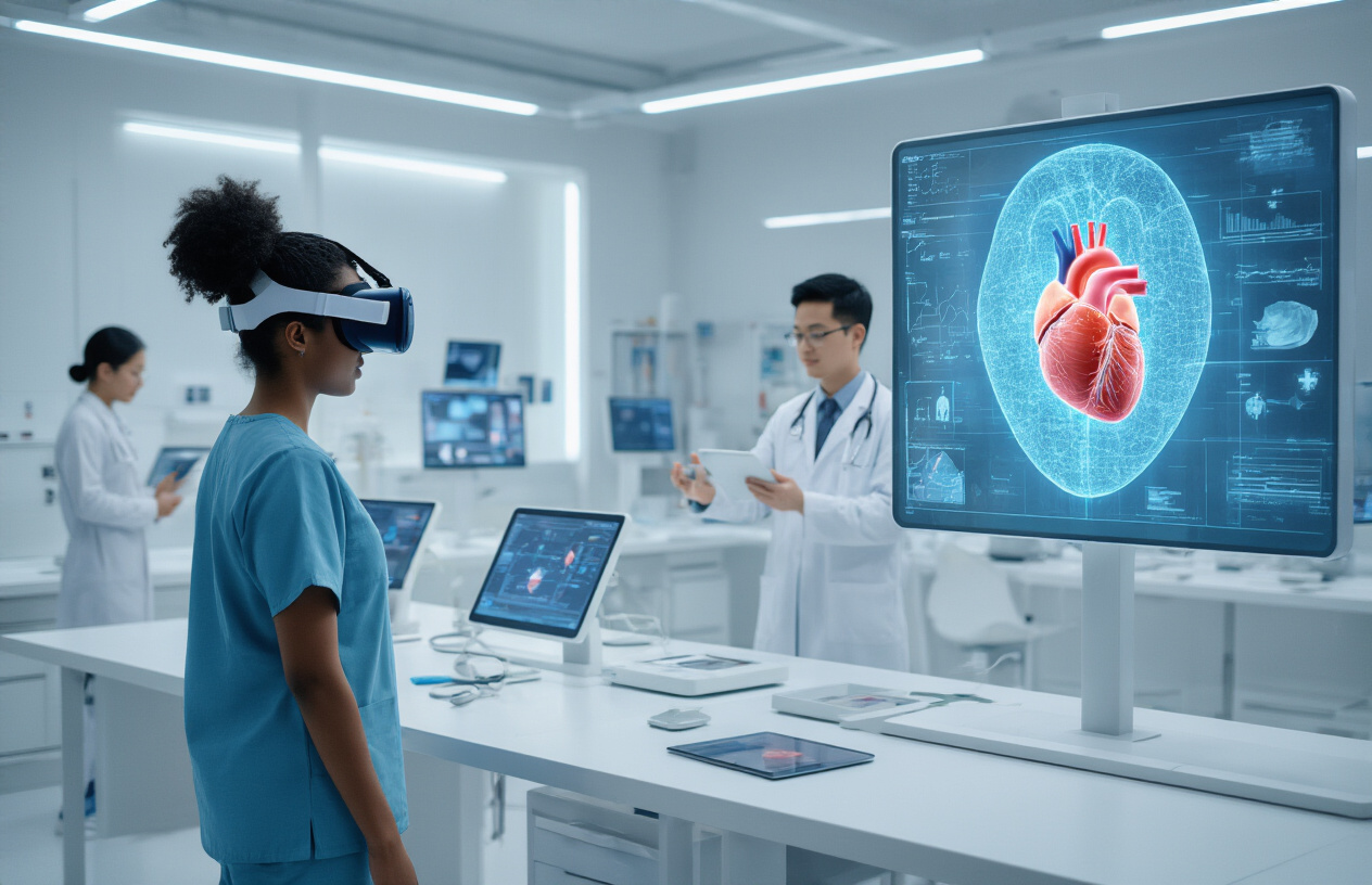 Create a realistic image of a modern medical education classroom with diverse medical students using advanced technology, featuring a Black female student wearing scrubs using a VR headset while standing, an Asian male student in a white coat interacting with a holographic 3D heart model floating above a tablet, and a White male student examining anatomical details on a large interactive touchscreen display, with medical equipment like stethoscopes and digital tablets scattered on sleek white desks, bright LED lighting illuminating the futuristic learning environment, clean white and blue color scheme suggesting innovation and healthcare, absolutely NO text should be in the scene.