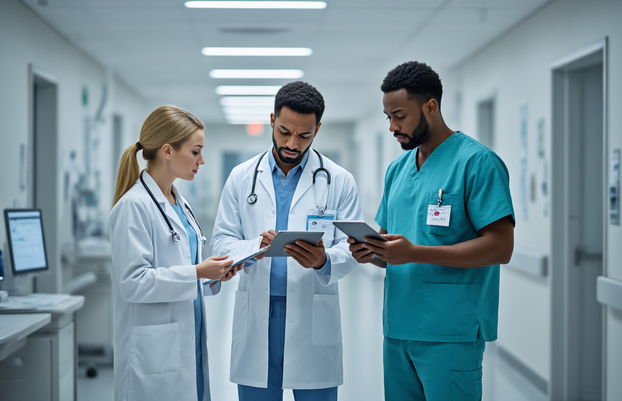 Create a realistic image of a diverse group of healthcare professionals including a white female doctor, a black male nurse, and an Asian female medical technician standing in a modern hospital corridor, looking concerned while reviewing medical charts and tablets, with empty workstations and understaffed nursing stations visible in the background, conveying a sense of being overwhelmed and stretched thin, with bright fluorescent hospital lighting creating a sterile atmosphere that emphasizes the challenging work environment, absolutely NO text should be in the scene.